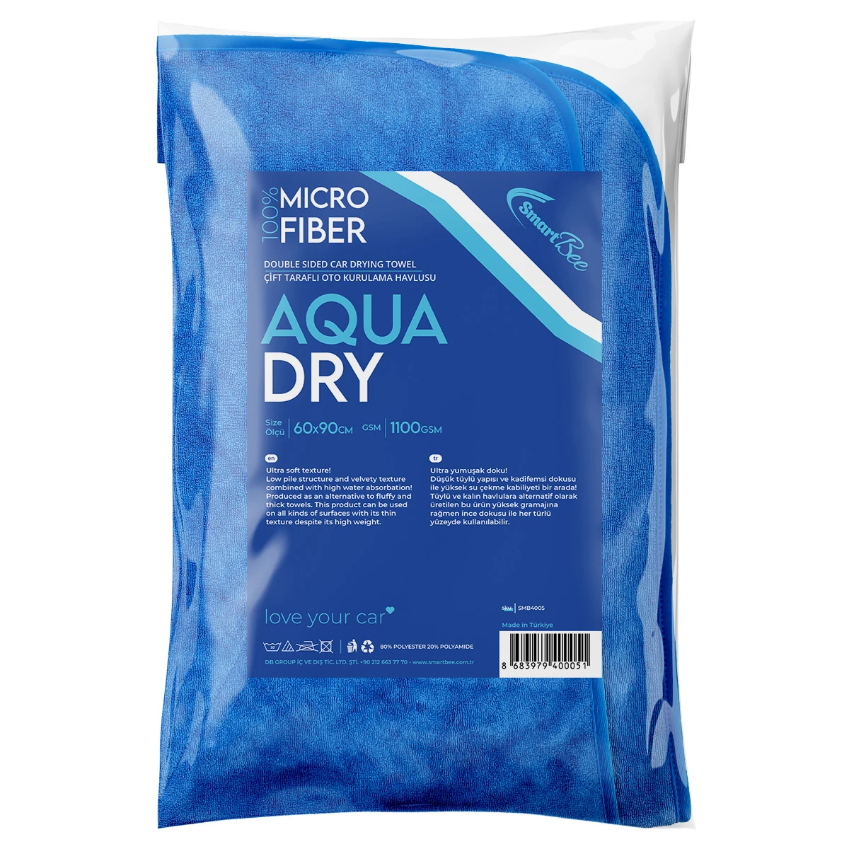 AQUADRY Çift Taraflı Oto Kurulama Havlusu 60x90cm 1100GSM - Mavi