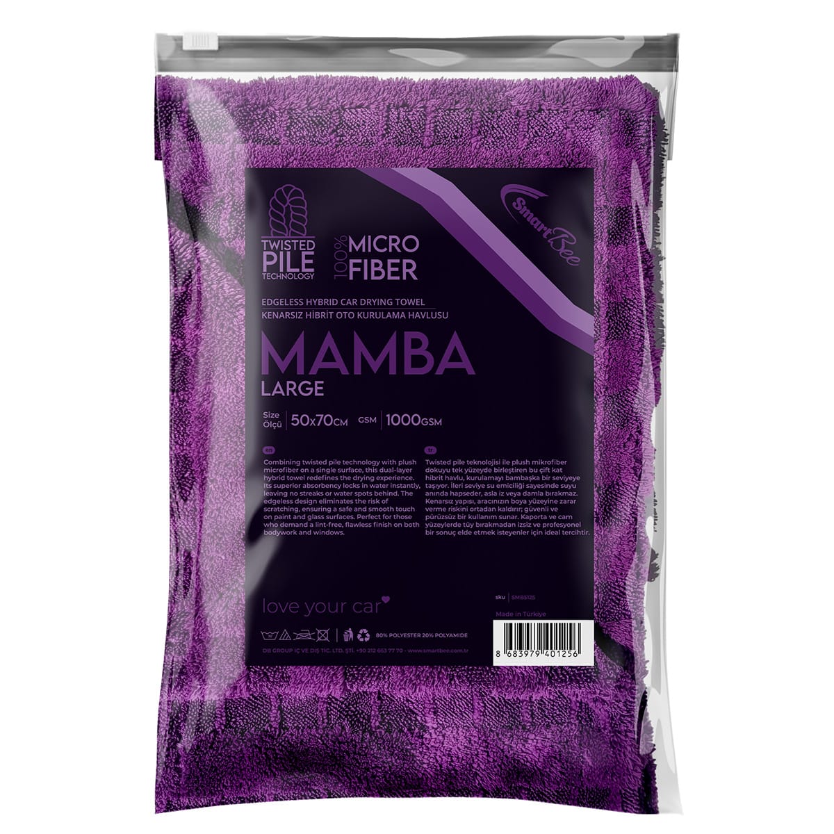 MAMBA Çift Kat Hybrid Twisted Pile Mikrofiber Oto Kurulama Havlusu 50×70cm 1000gsm – Mor