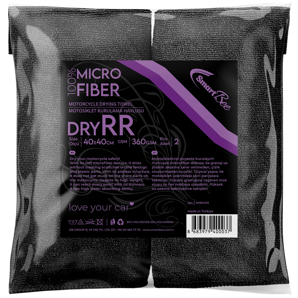 DryRR 2'li Motosiklet Kurulama Havlusu 40x40cm 360GSM - Siyah