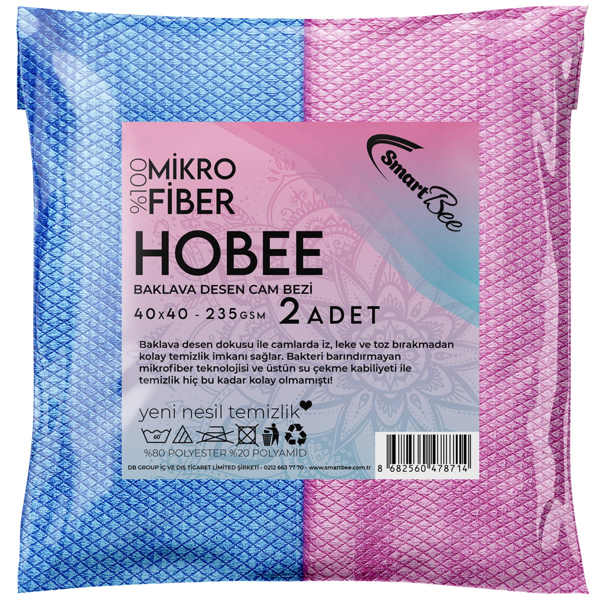 Hobee 2'li Mikrofiber Cam Silme Bezi 40x40cm 235gsm - Pembe/Mavi