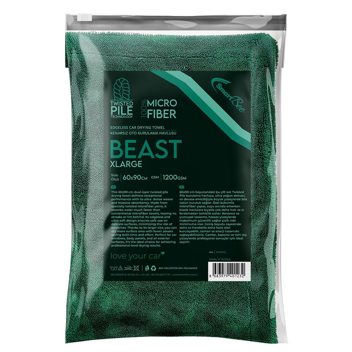 BEAST Çift Kat Twisted Pile Mikrofiber Oto Kurulama Havlusu 60×90cm 1200gsm – Koyu Yeşil