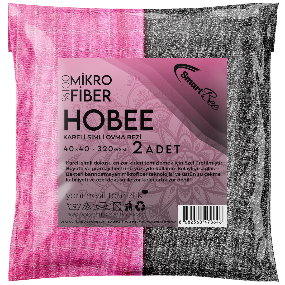 Hobee 2'li Kareli Simli Ovma Bezi 40x40cm 320GSM - Pembe/Gri