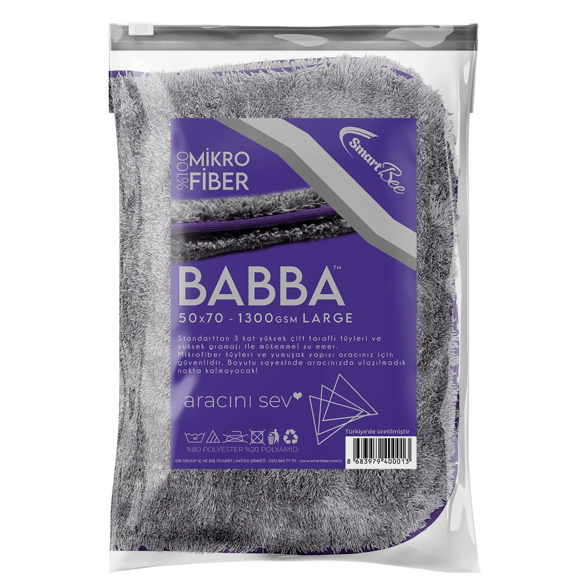 BABBA Large Çift Kat Mikrofiber Oto Kurulama Havlusu 50x70 1300GSM - Koyu Gri