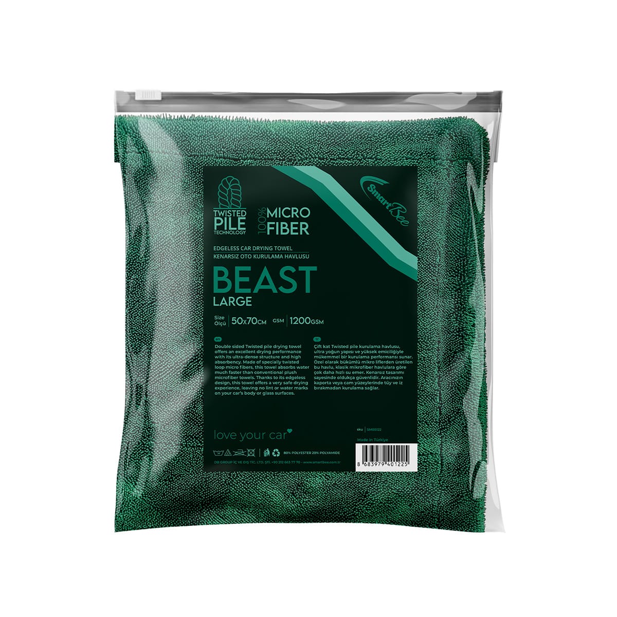 BEAST Çift Kat Twisted Pile Mikrofiber Oto Kurulama Havlusu 50×70cm 1200GSM – Koyu Yeşil