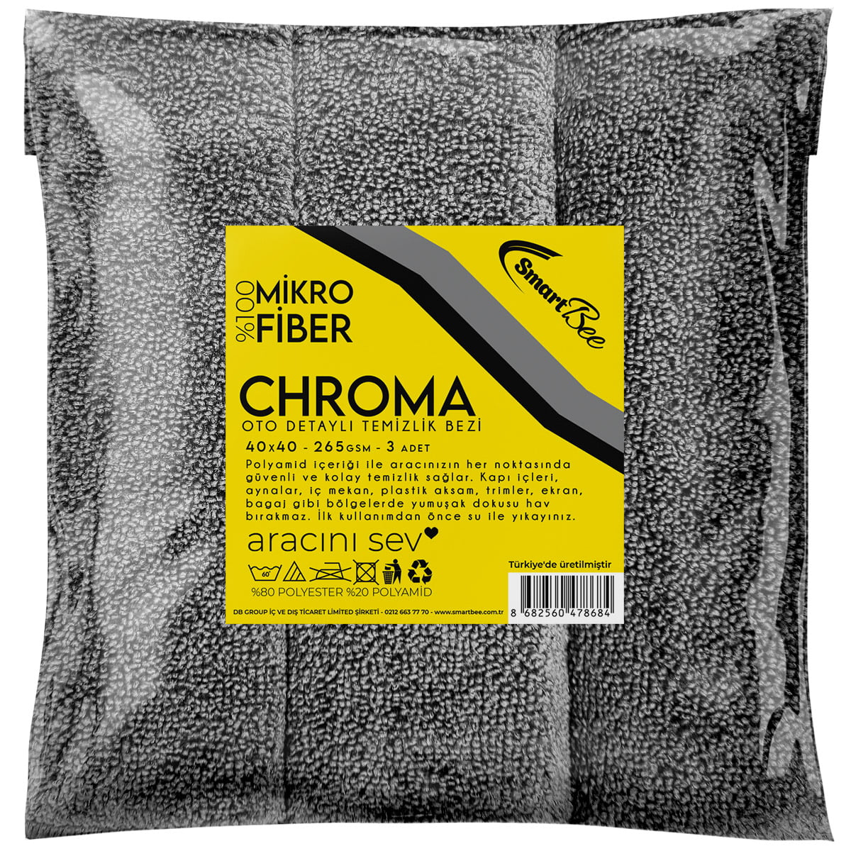 CHROMA 3'lü Mikrofiber Oto Temizlik Bezi 40x40 265GSM - Antrasit