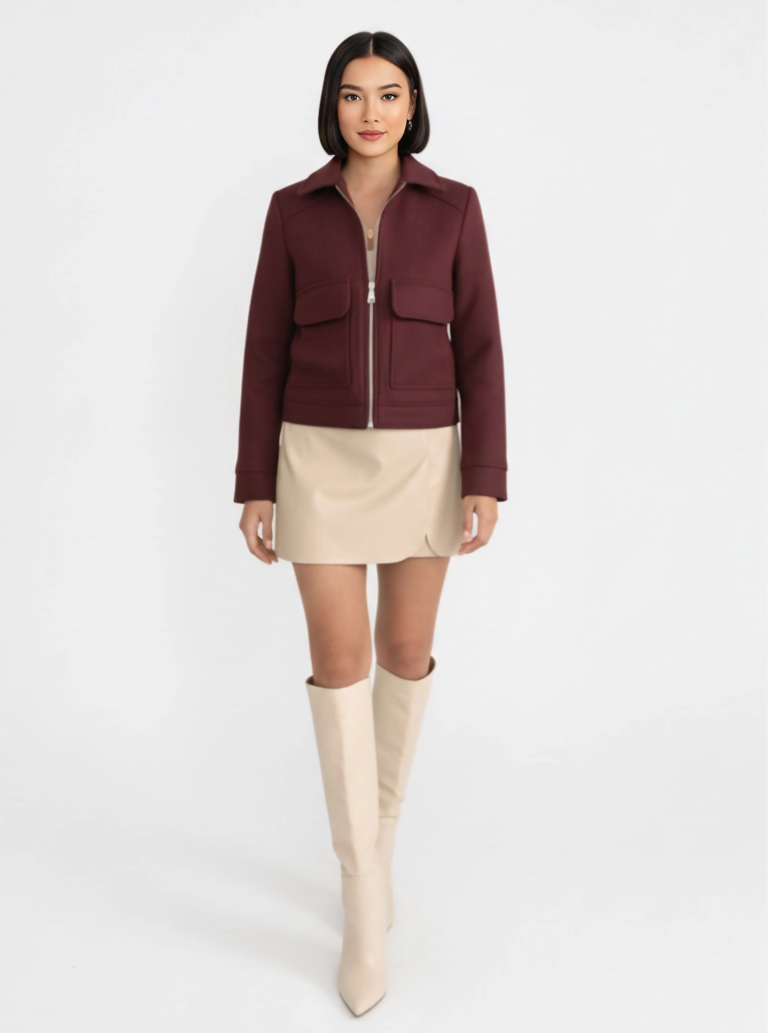 Örme kaşe crop ceket - Bordo