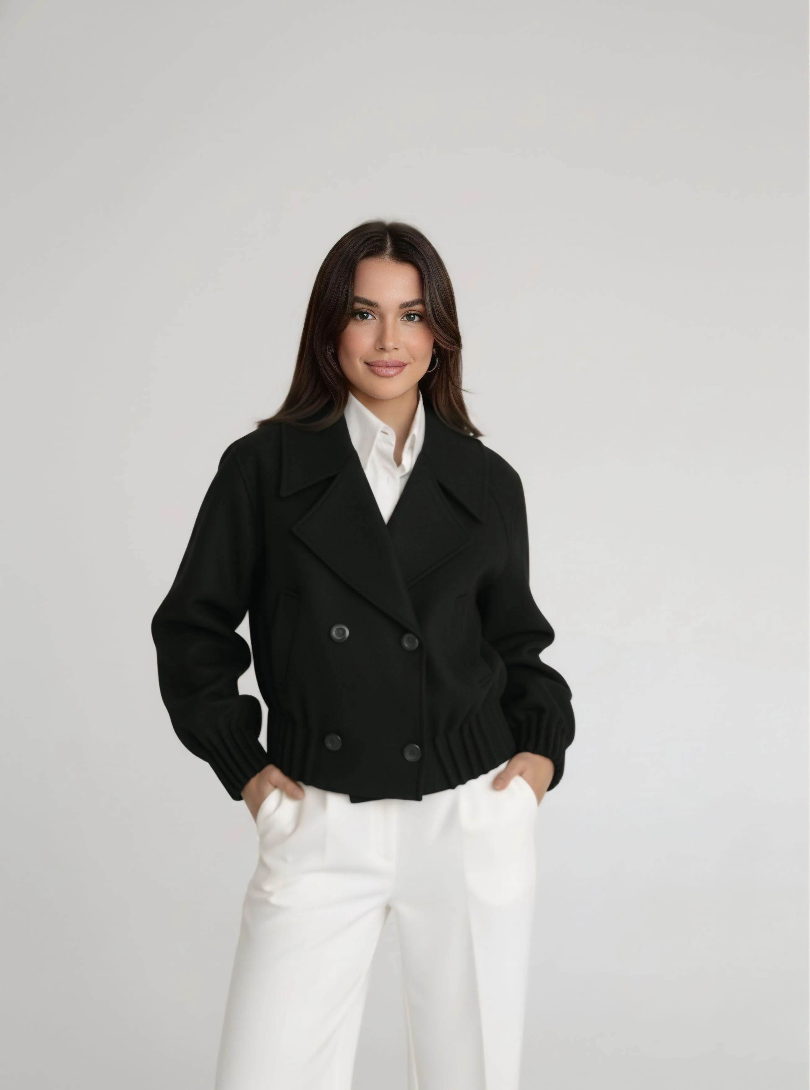 Kadın kruvaze yaka örme kaşe kaban - Siyah