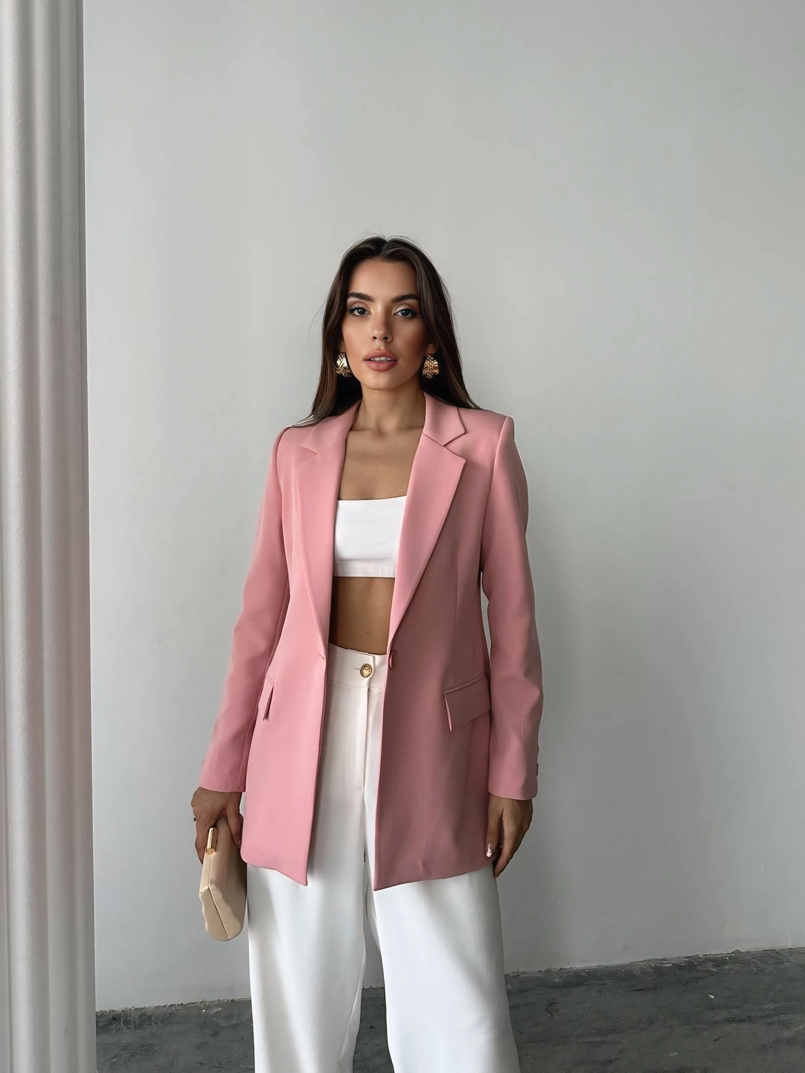 Tek düğme blazer ceket - Pembe