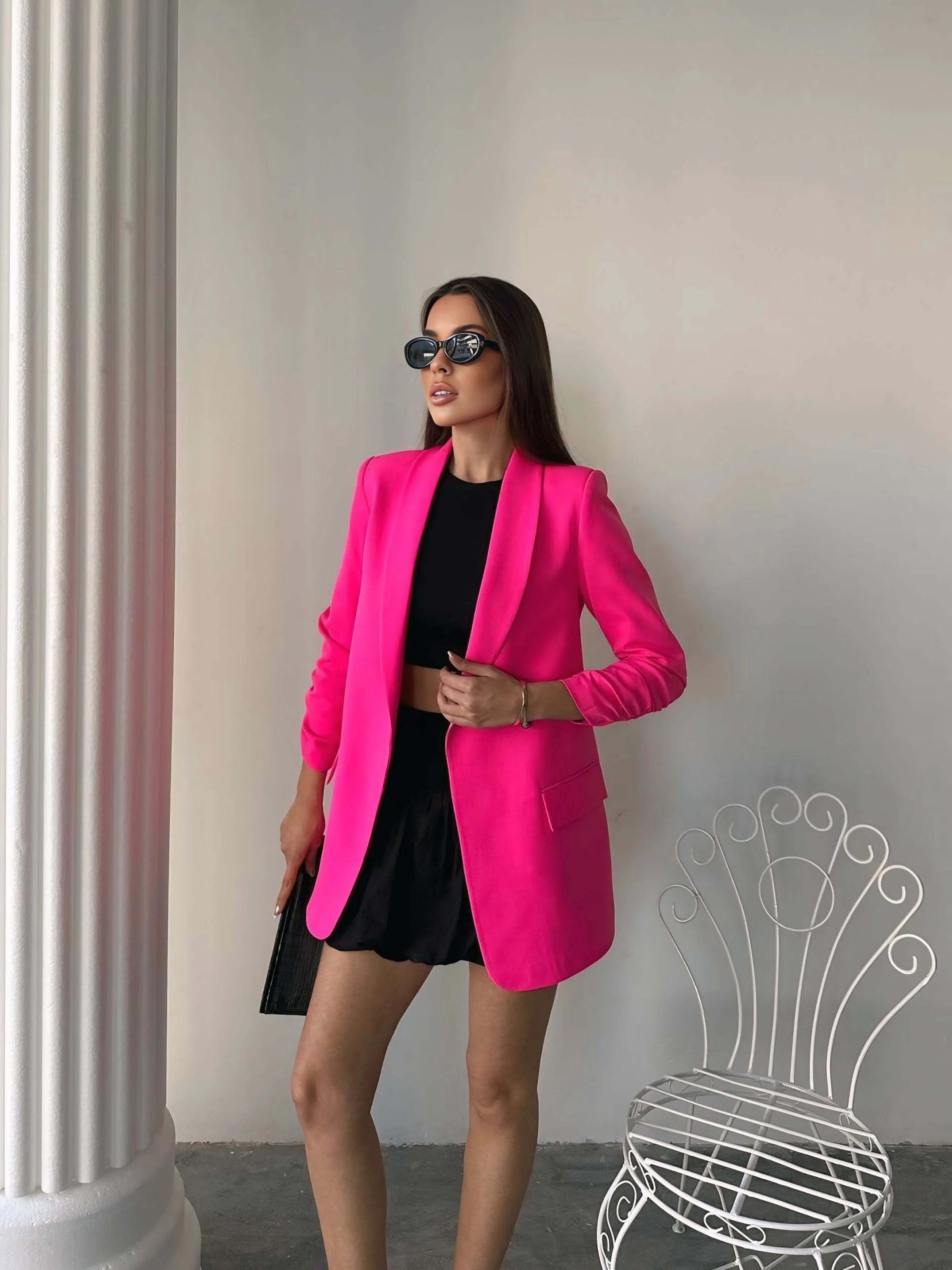 Kolu büzgülü blazer - Fuşya