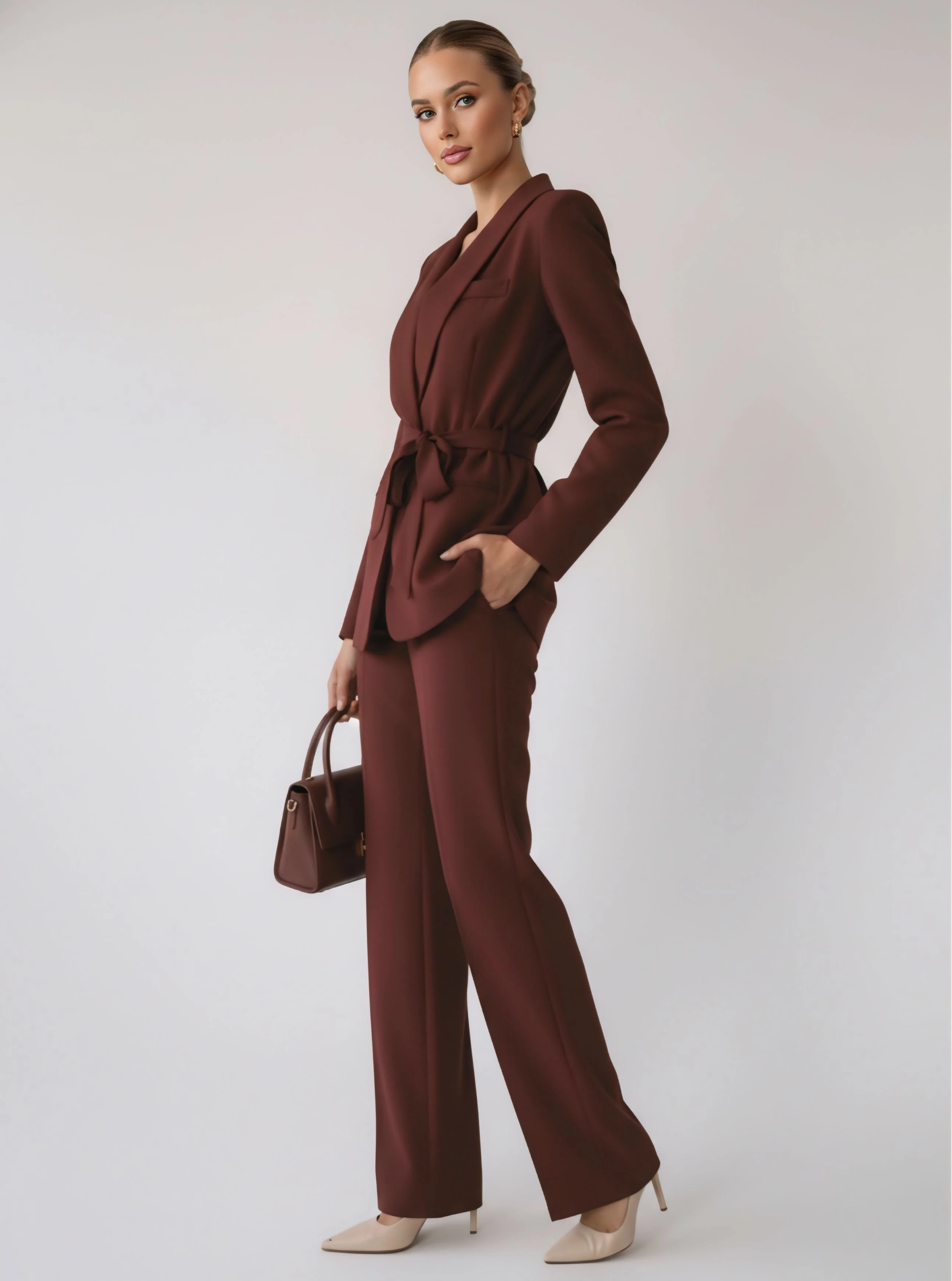 Kuşaklı ceket pantolon takım