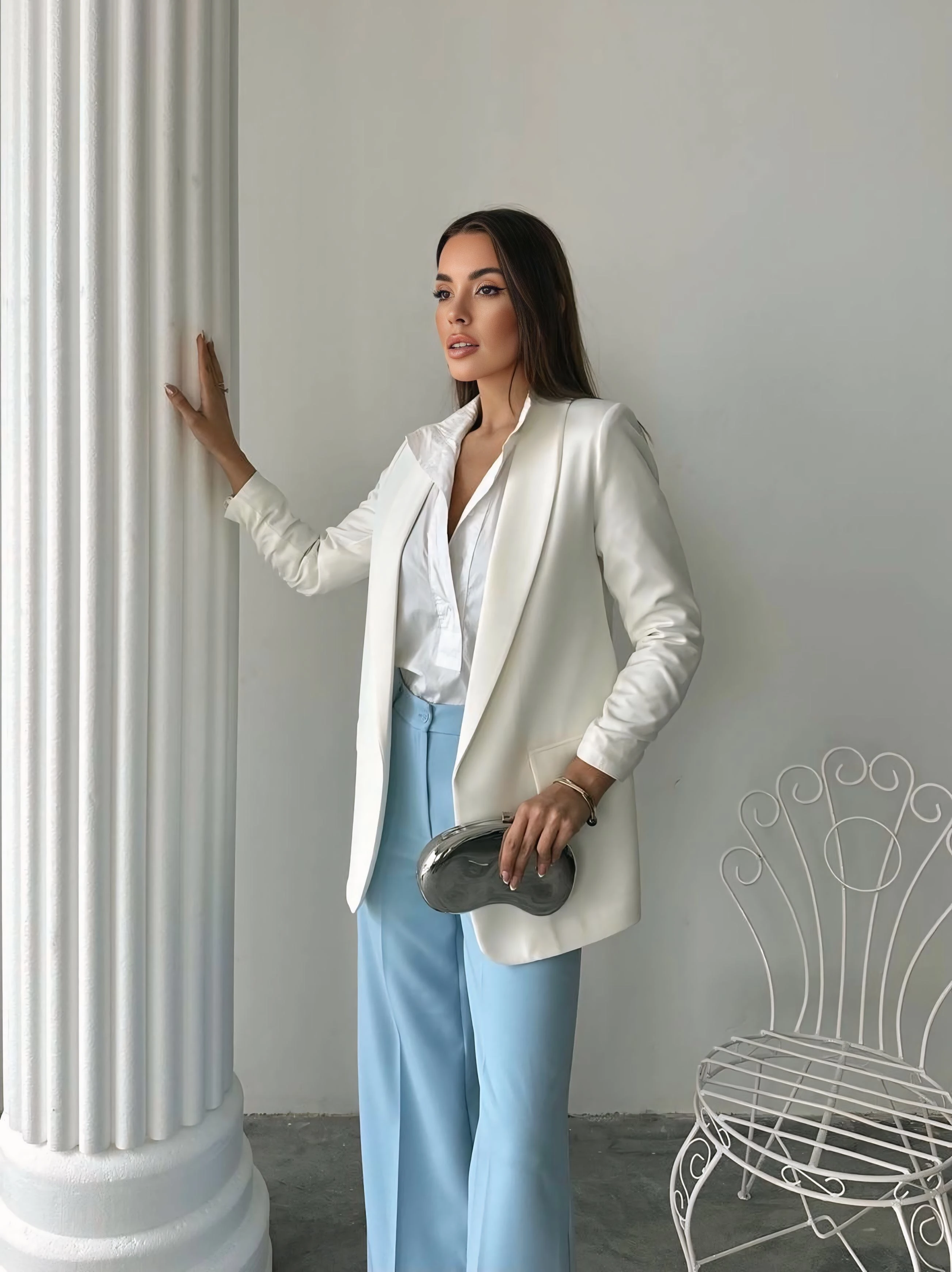 Kolu büzgülü blazer - Beyaz