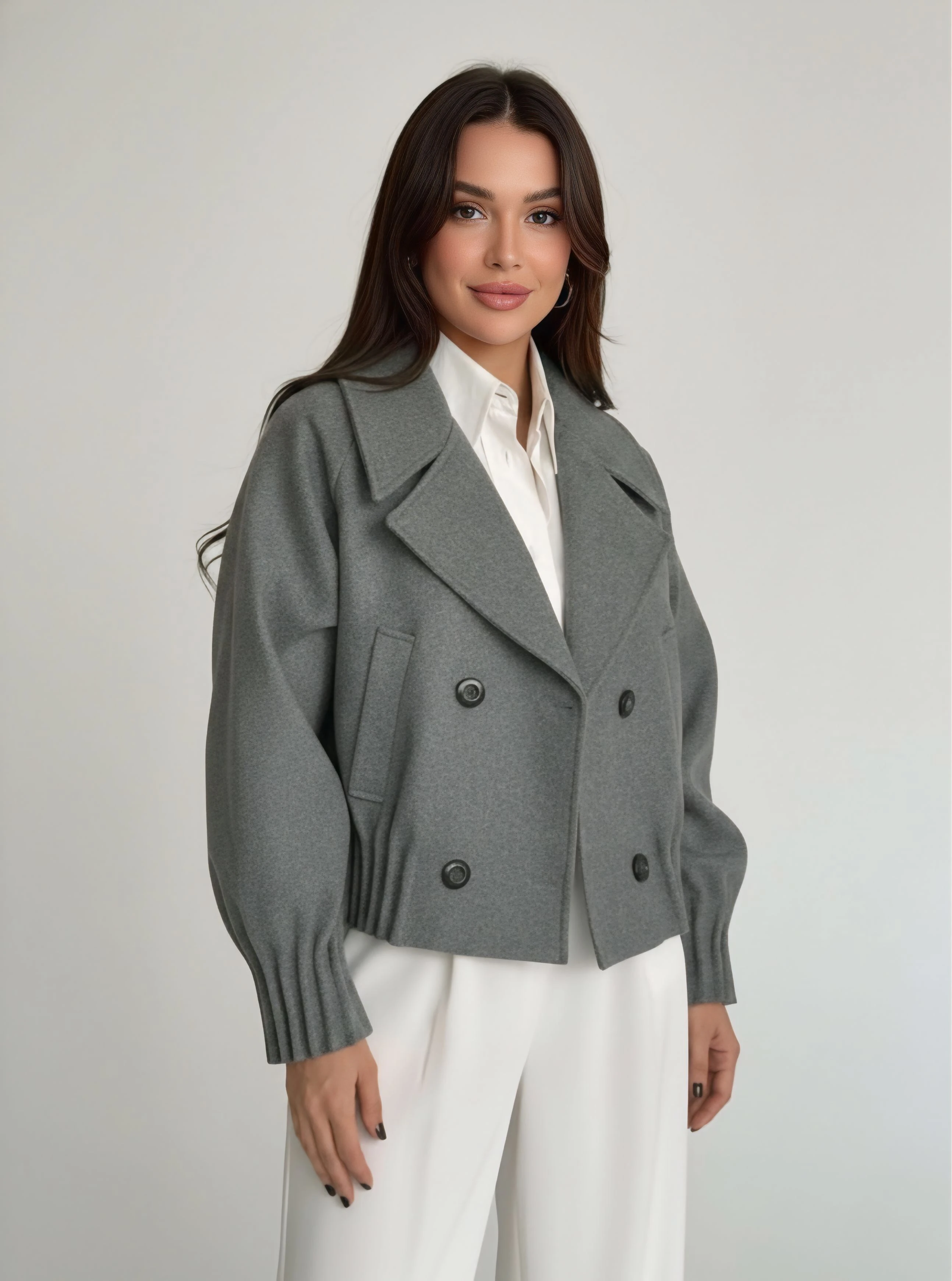 Kadın kruvaze yaka örme kaşe kaban - Gri