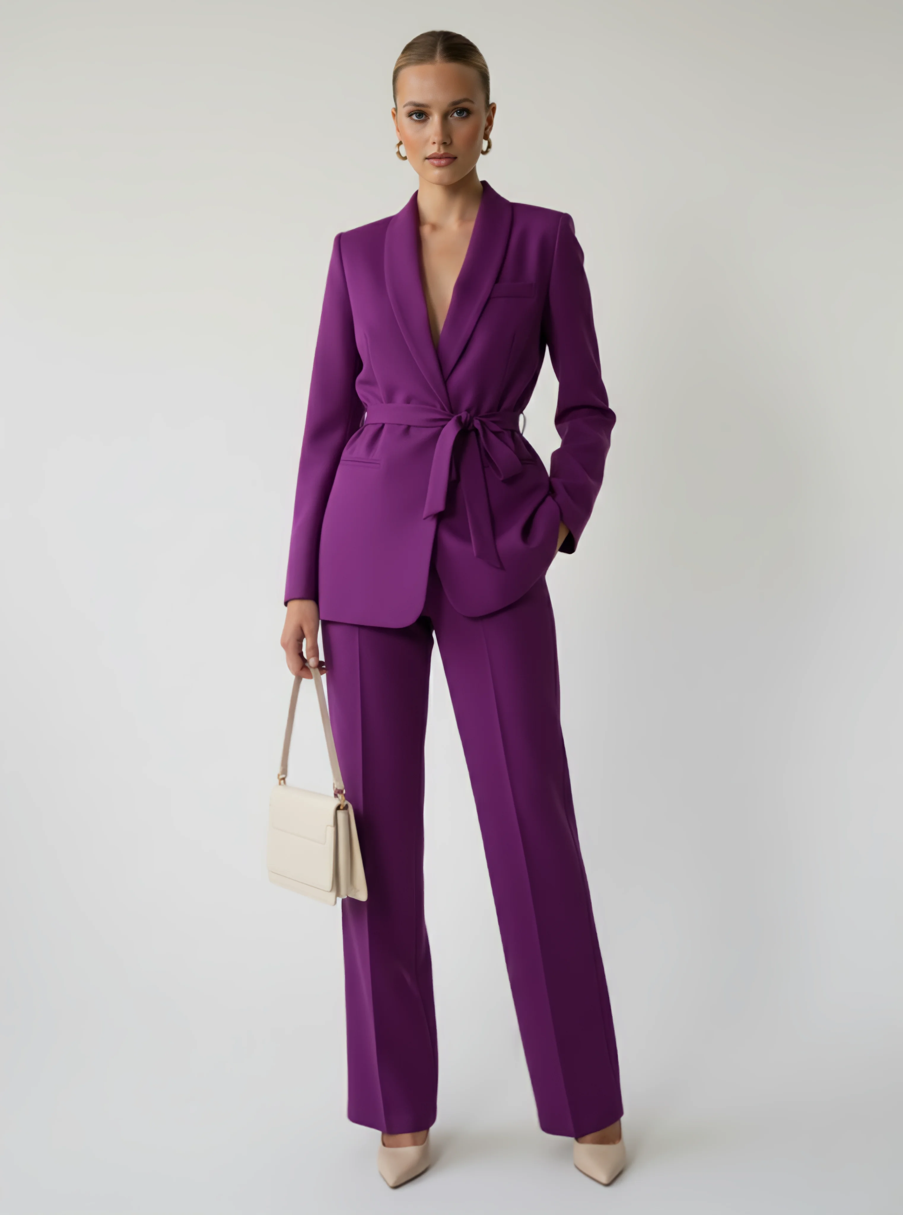 Kuşaklı ceket pantolon takım - Mürdüm