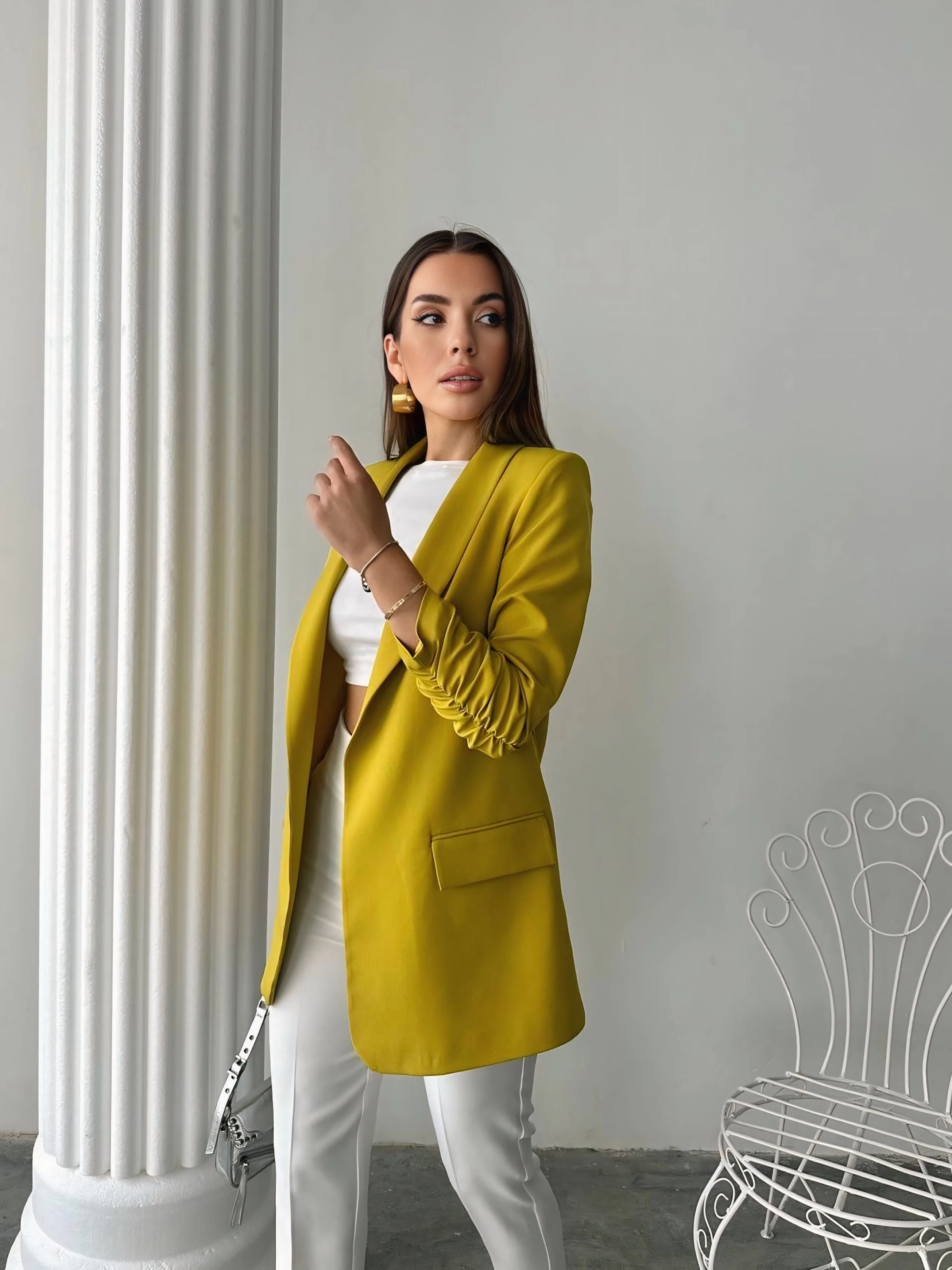 Kolu büzgülü blazer - Hardal