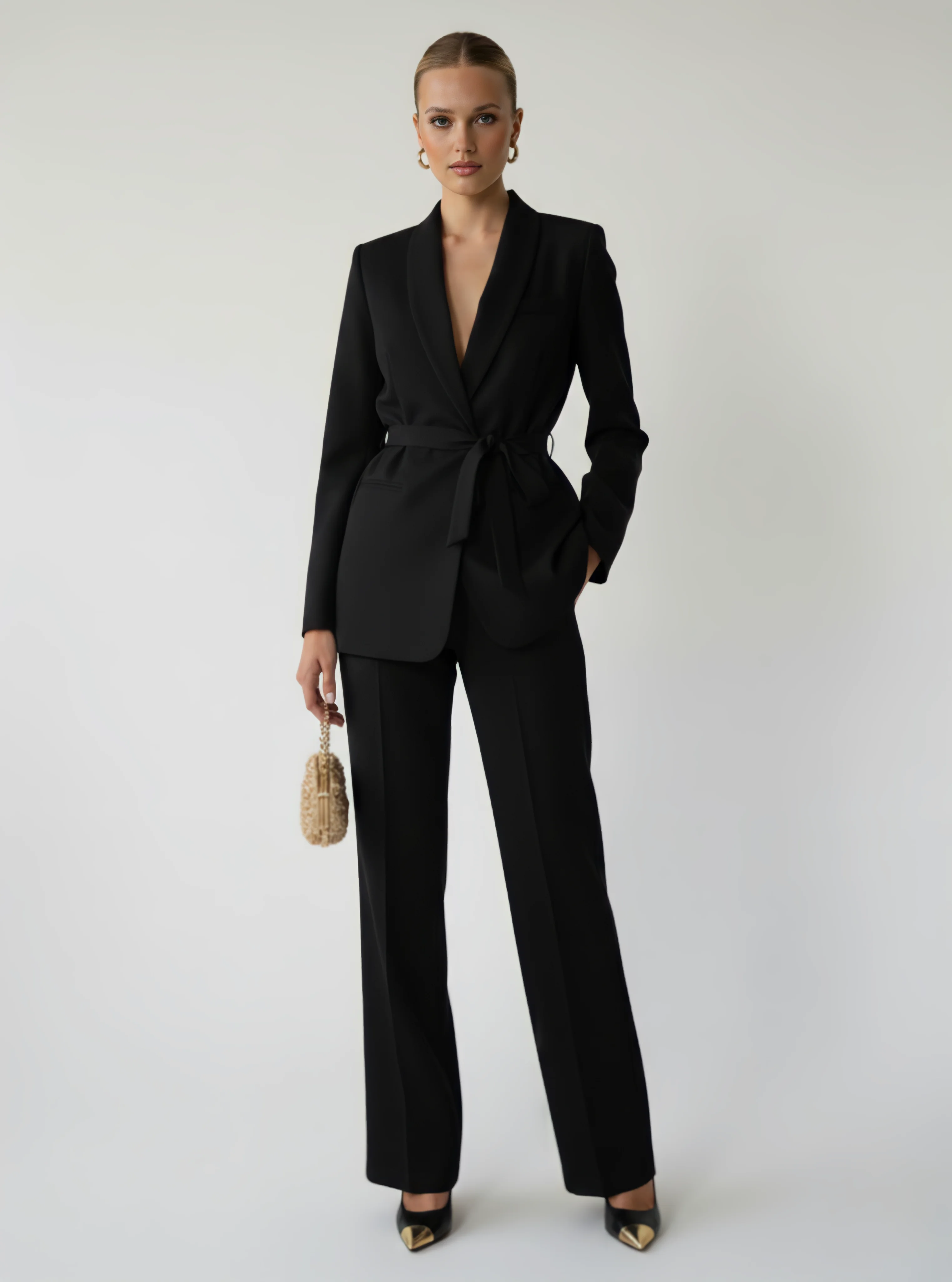 Kuşaklı ceket pantolon takım - Siyah