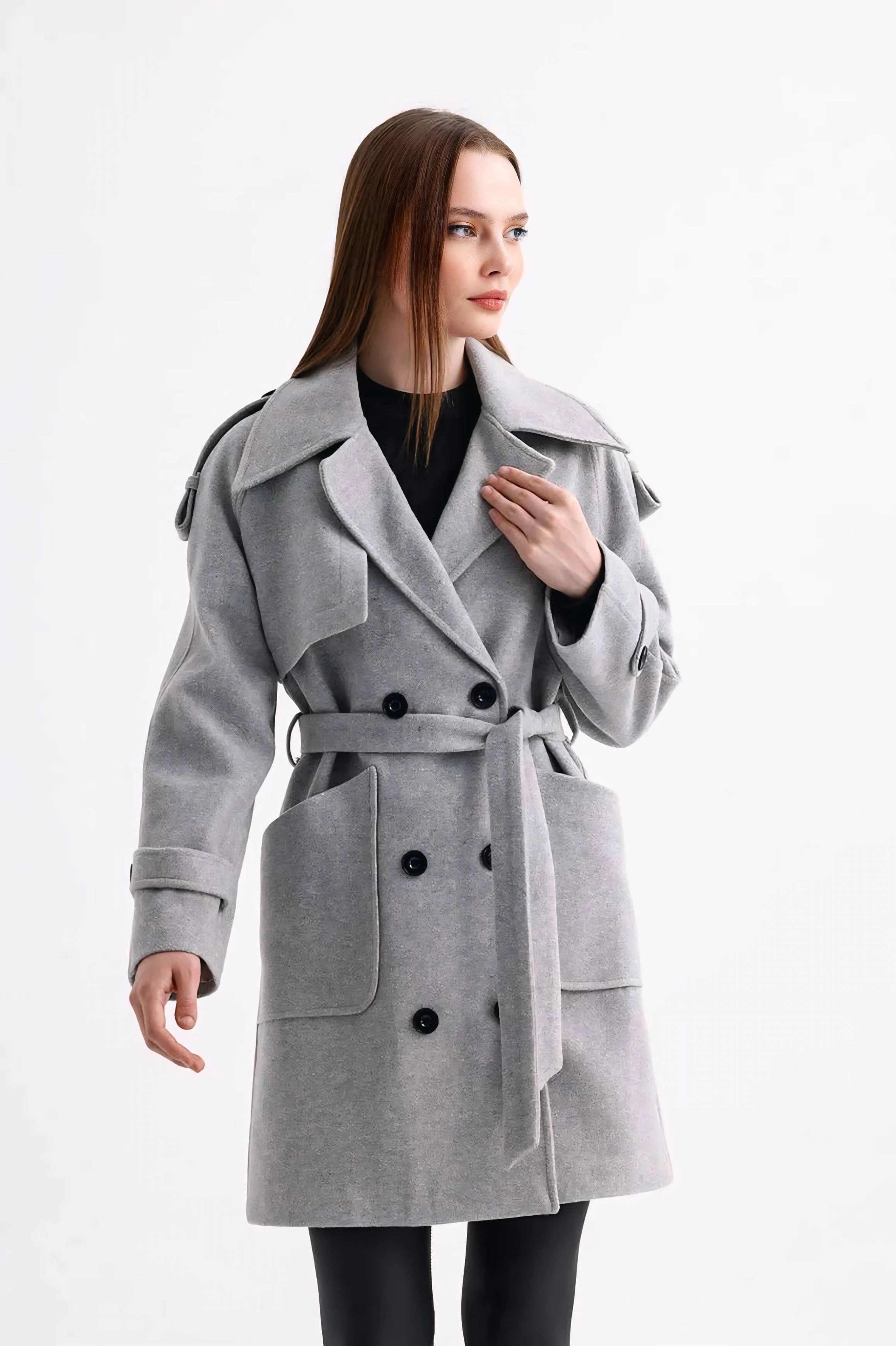 Aller detaylı kaşe kaban  - Gri