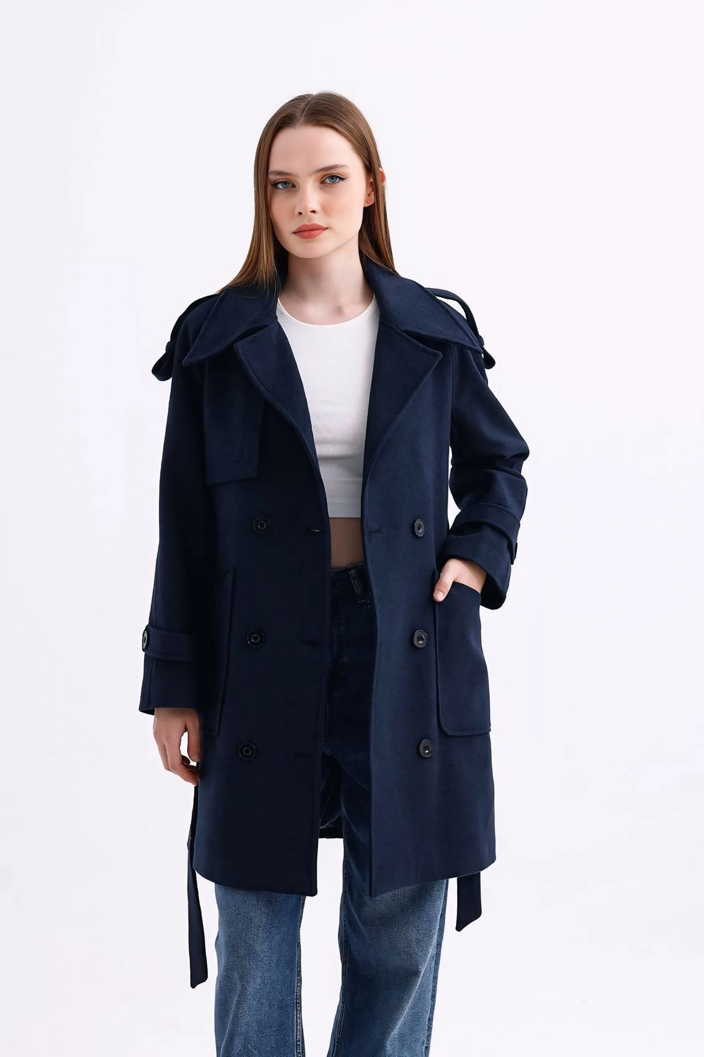 Aller detaylı kaşe kaban  - Lacivert