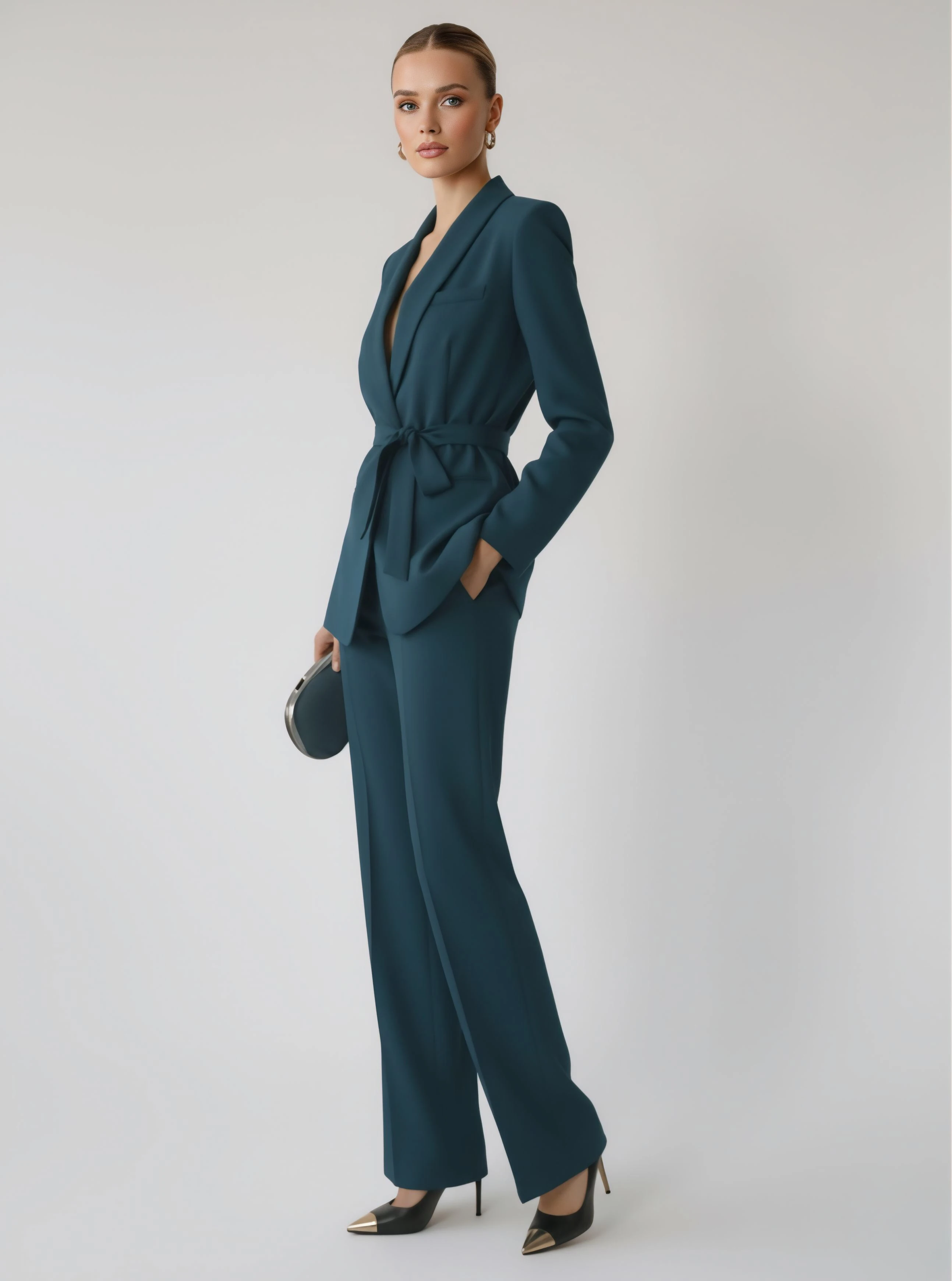 Kuşaklı ceket pantolon takım - Mavi