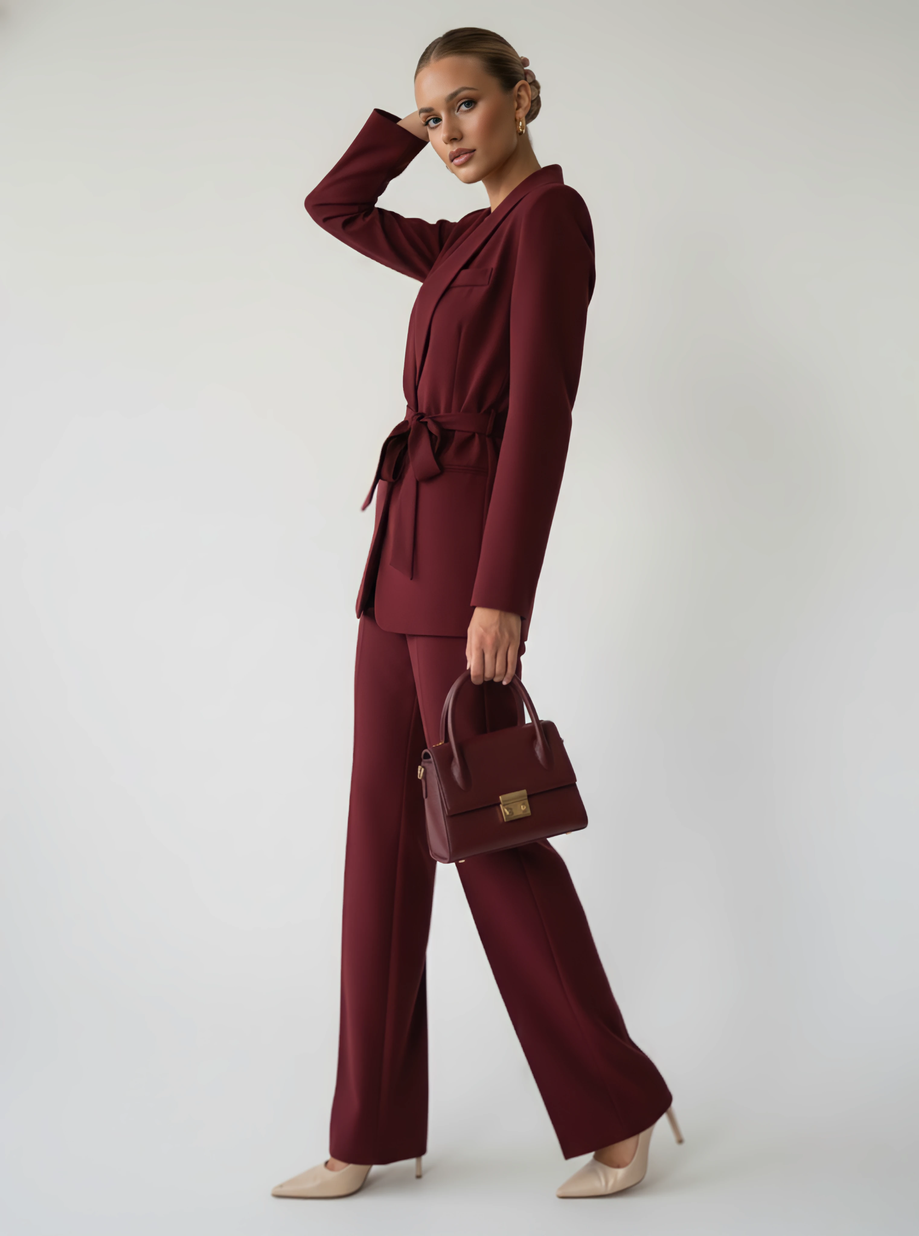 Kuşaklı ceket pantolon takım - Bordo