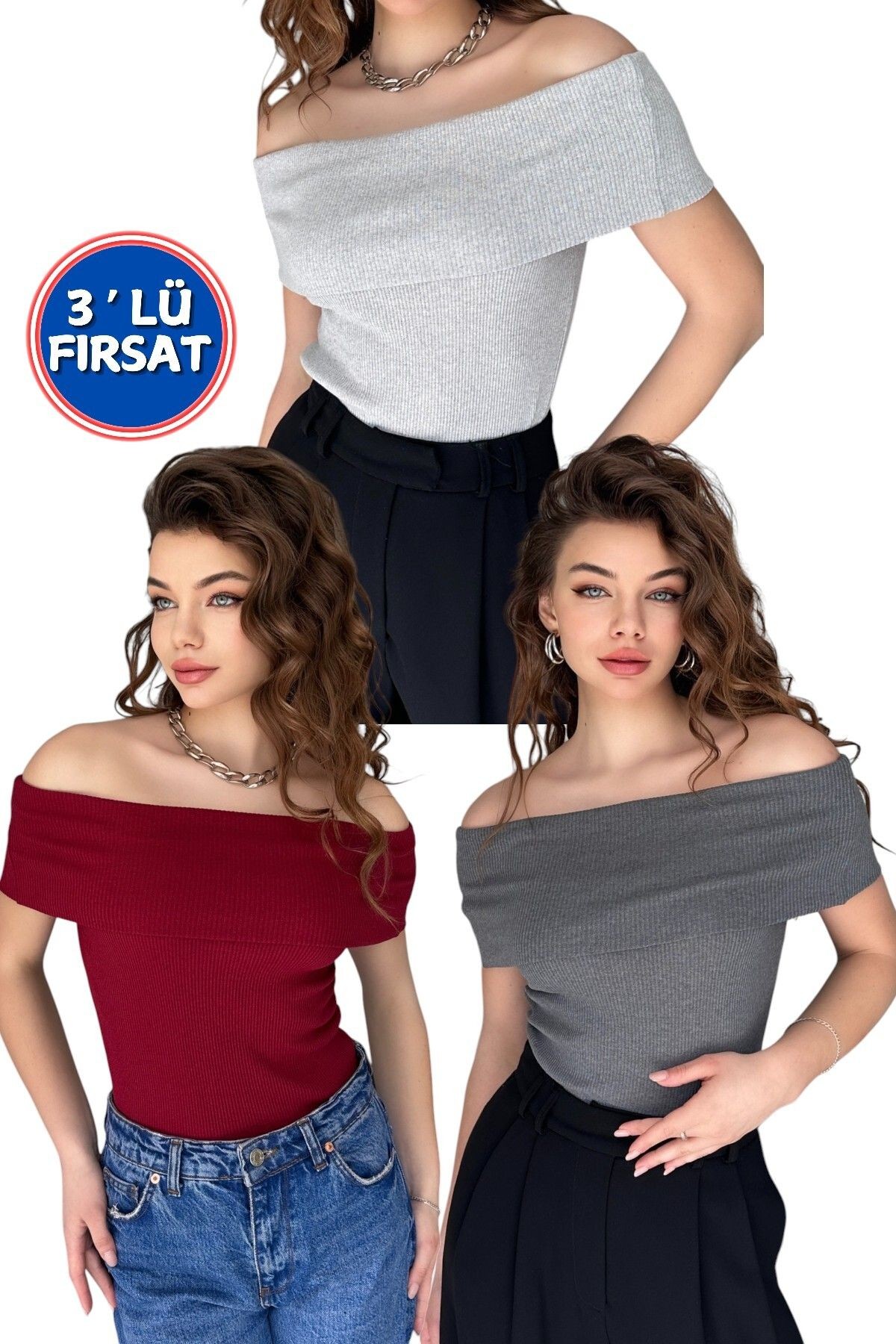 3' lü PAKET MADONNA YAKA KOLSUZ KAŞKORSE BLUZ - bordo - füme - gri̇