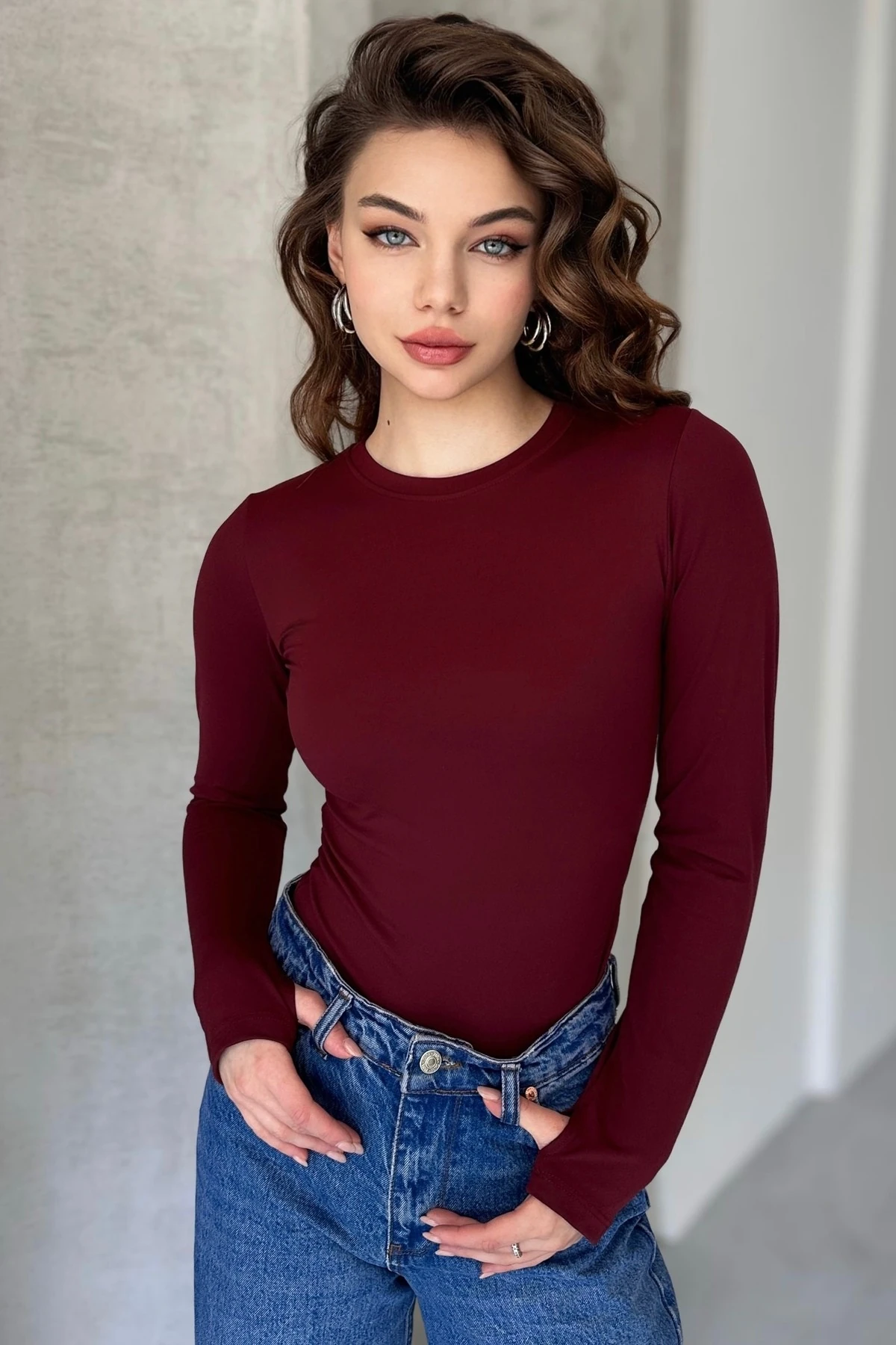 Modal Kumaş Parmak Geçirmeli Uzun Kol Body - bordo