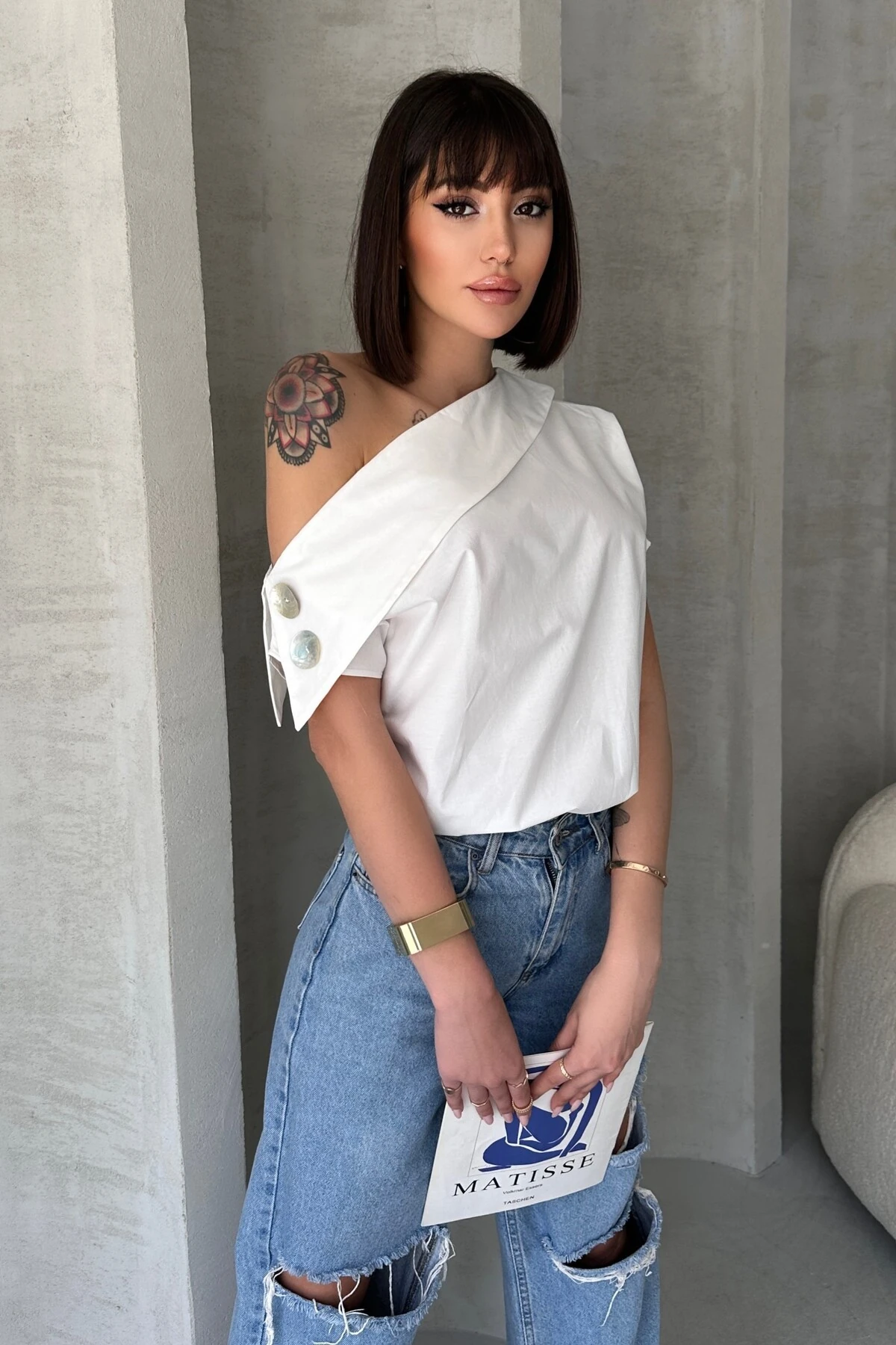 SEDEF DÜĞME DETAYLI ÇAPRAZ YAKALI TASARIM GÖMLEK - whi̇te ekru