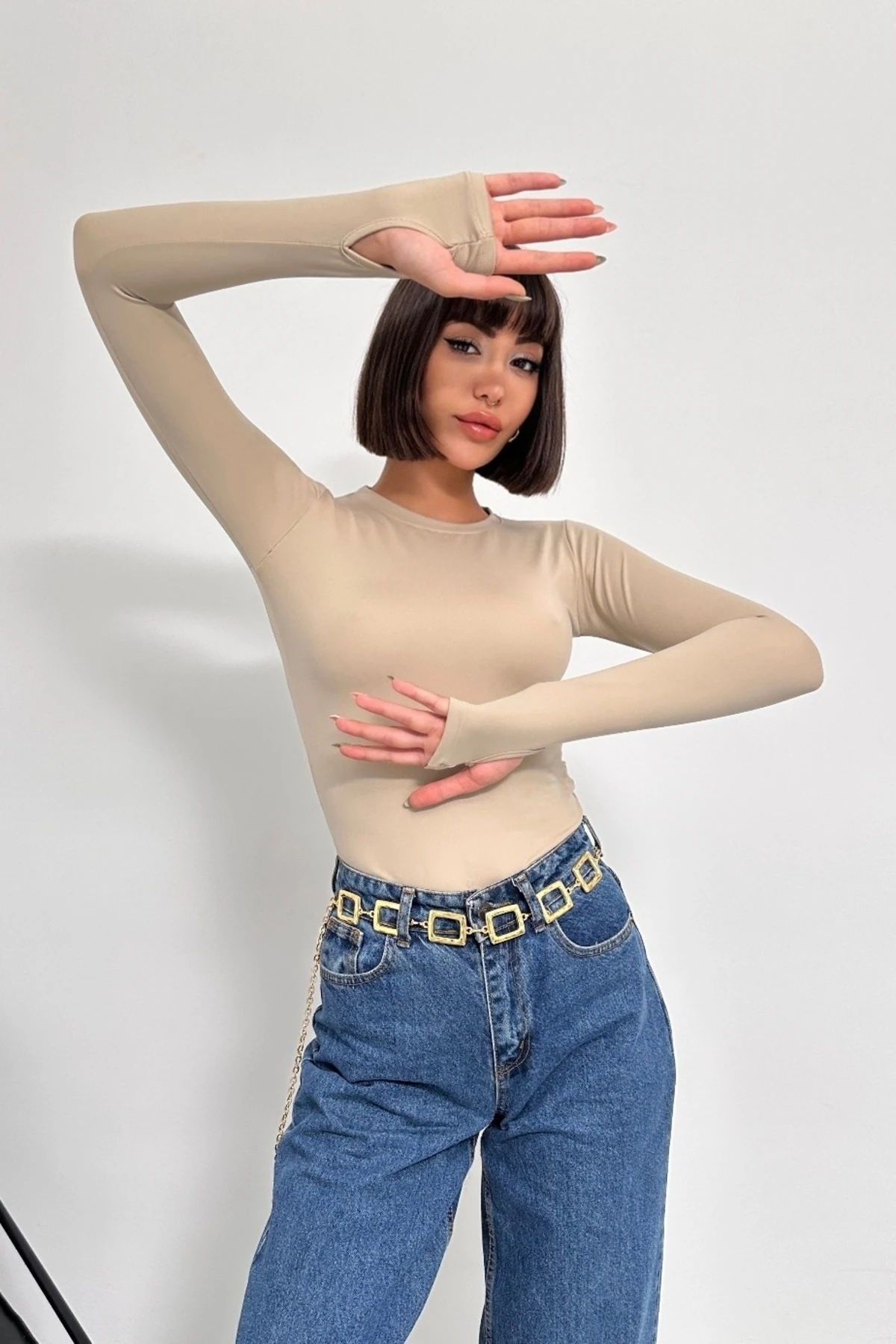 Modal Kumaş Parmak Geçirmeli Uzun Kol Body - bej