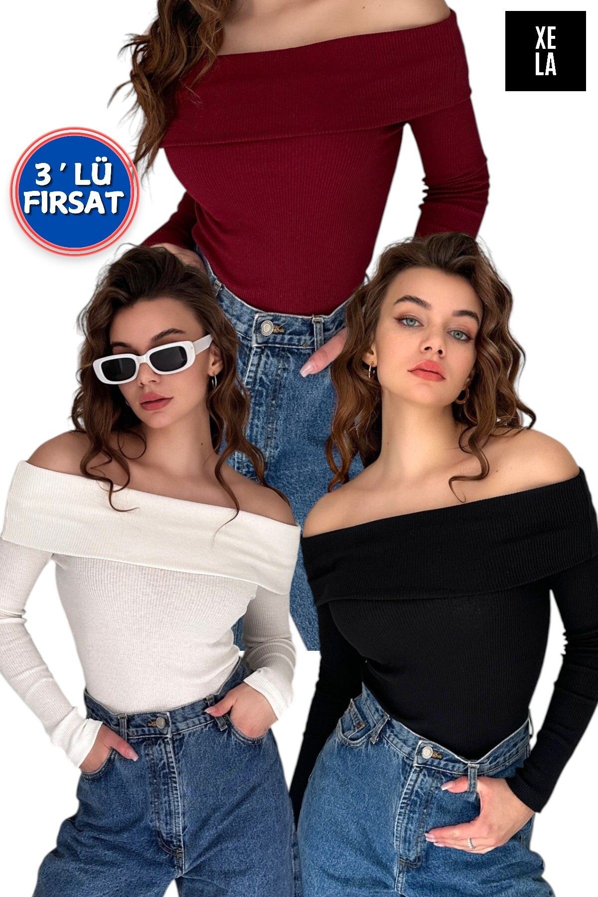 3' lü PAKET MADONNA YAKA KAŞKORSE BLUZ - ekru - si̇yah - bordo