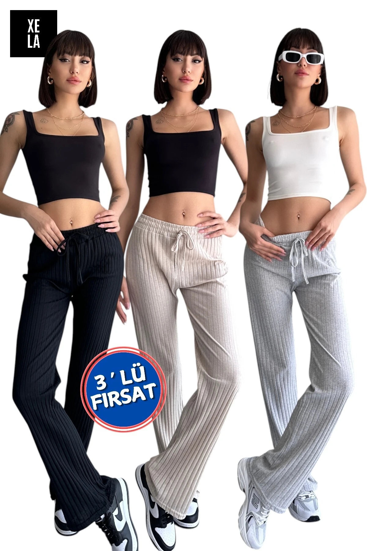 3' lü PAKET PALAZZO SALAŞ DÖKÜMLÜ FİTİLLİ PANTOLON