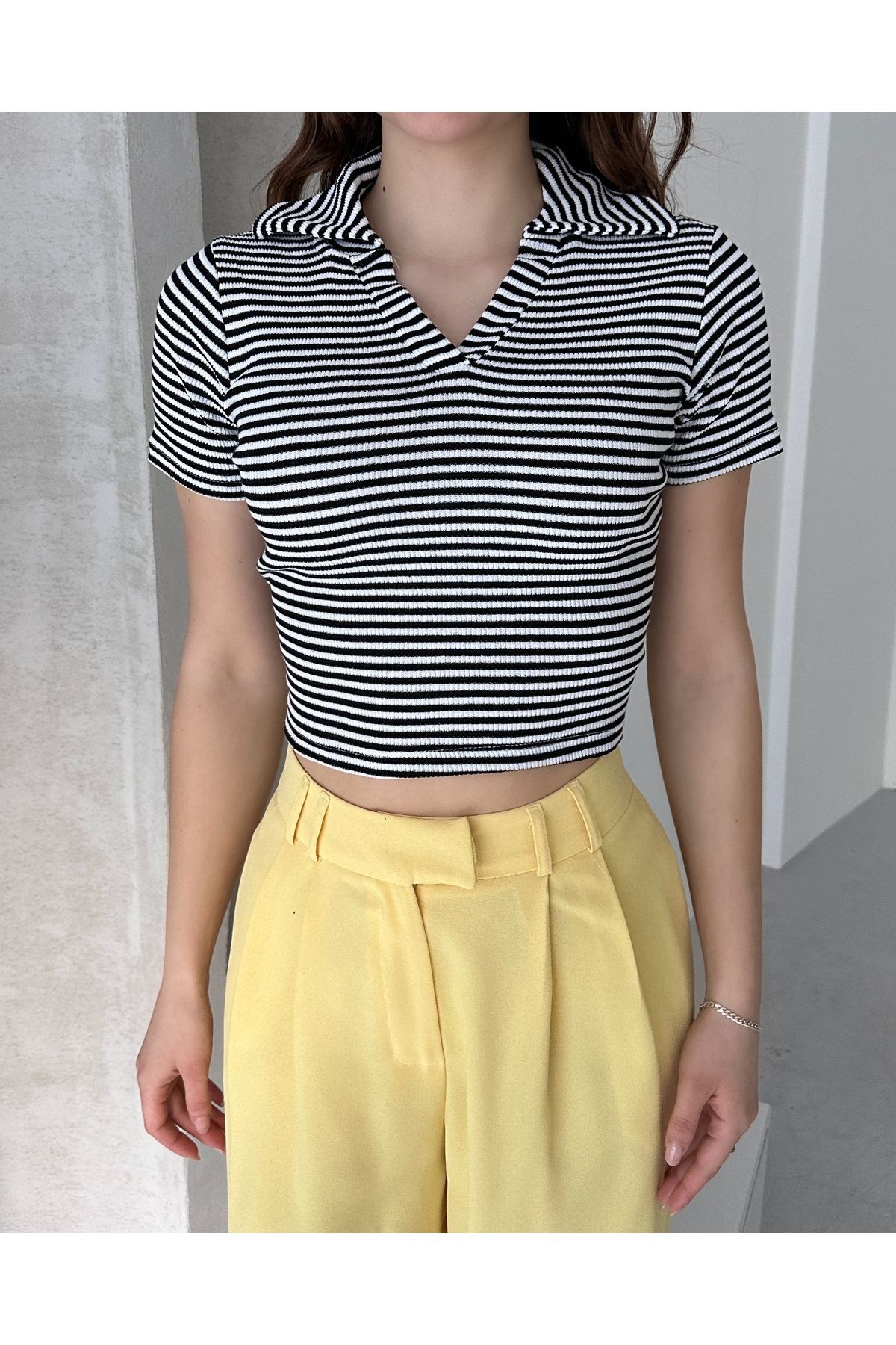 POLO YAKA KAŞKORSE KISA KOL CROP BODY