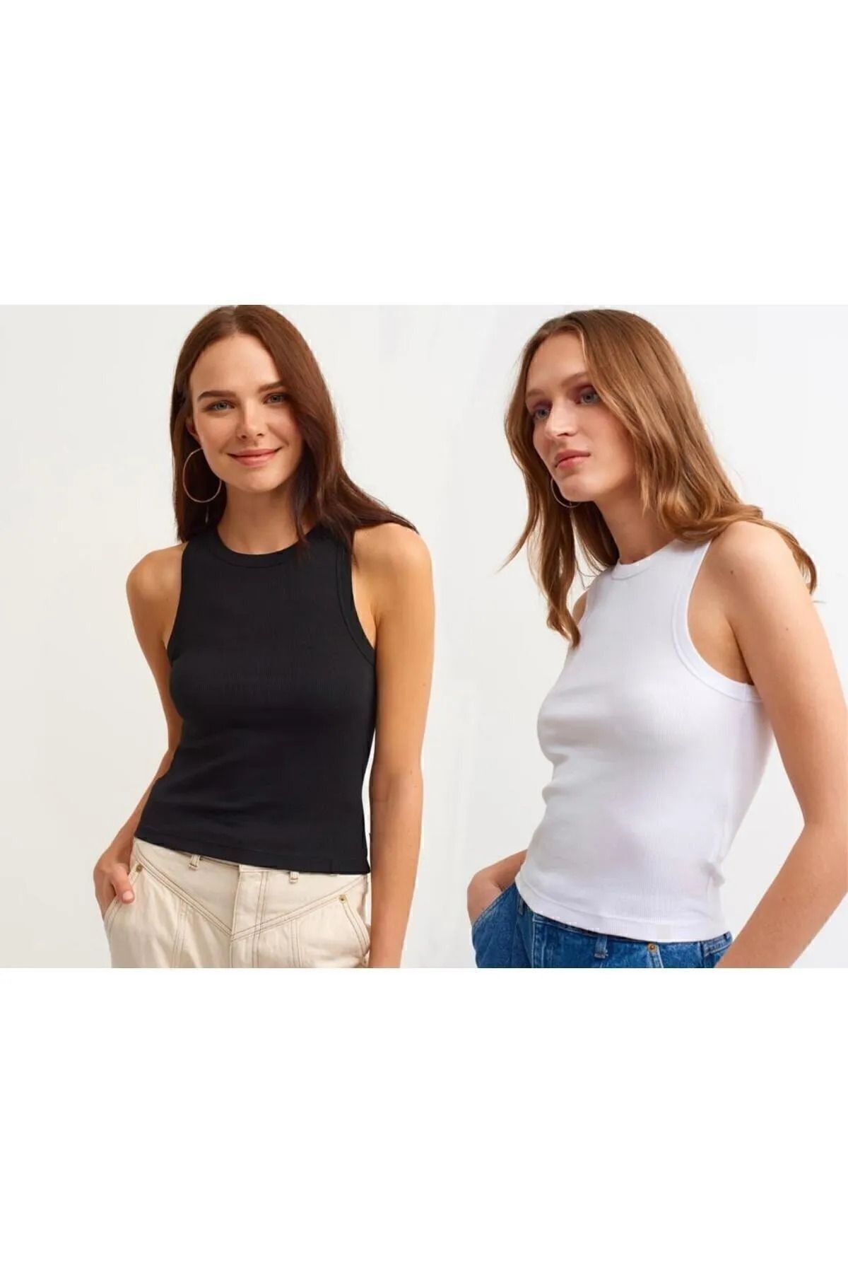 Kadın 2'li Paket Fitilli Halter Yaka Örme Atlet T-Shirt