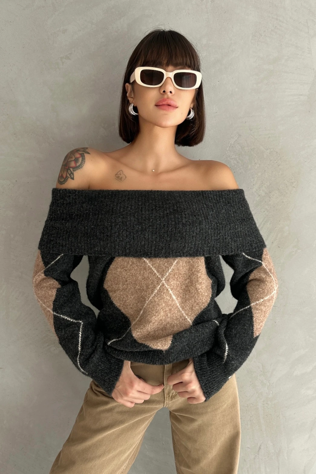 BAKLAVA DESEN MADONNA YAKA TRİKO KAZAK - antrasit