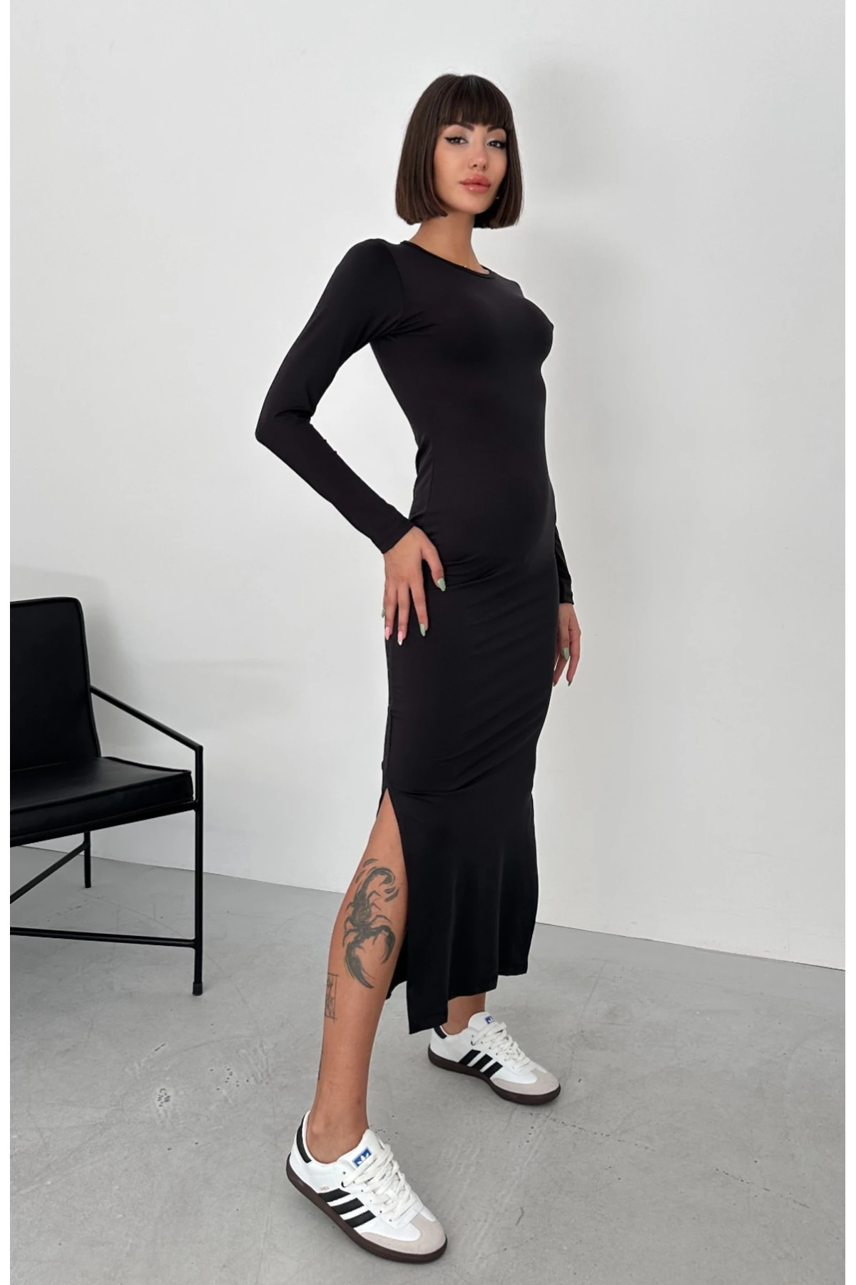 CİNDY YIRTMAÇLI UZUN ELBİSE - si̇yah