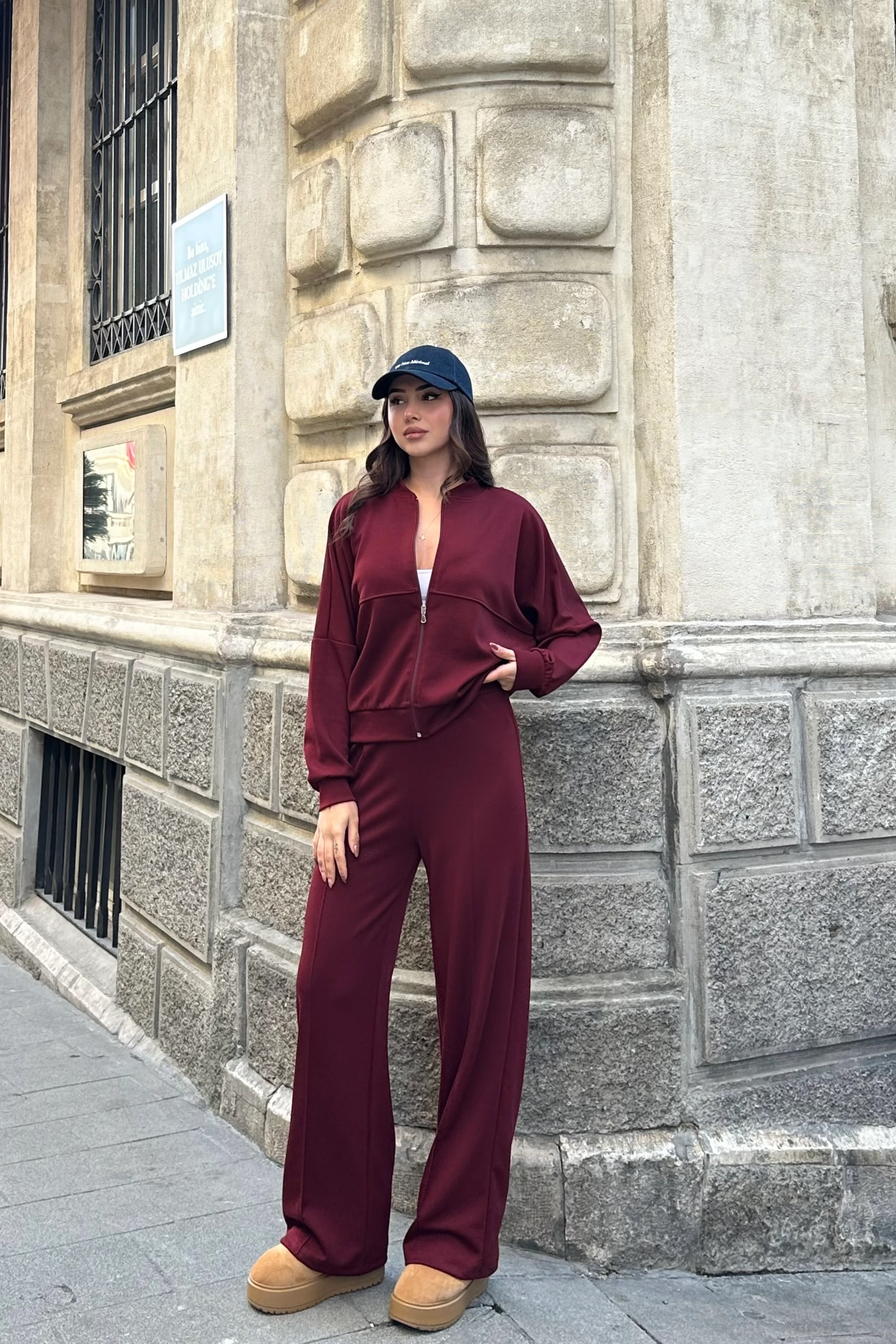 Modal Kumaş Fermuarlı Hırka, Beli Lastikli Pantolon Takım - bordo