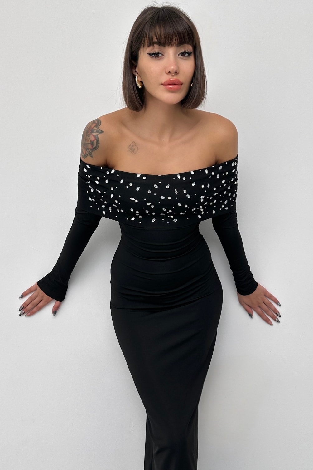 SCARLET UZUN KOL MADONNA TAŞLI DALGIÇ KUMAŞ ELBİSE