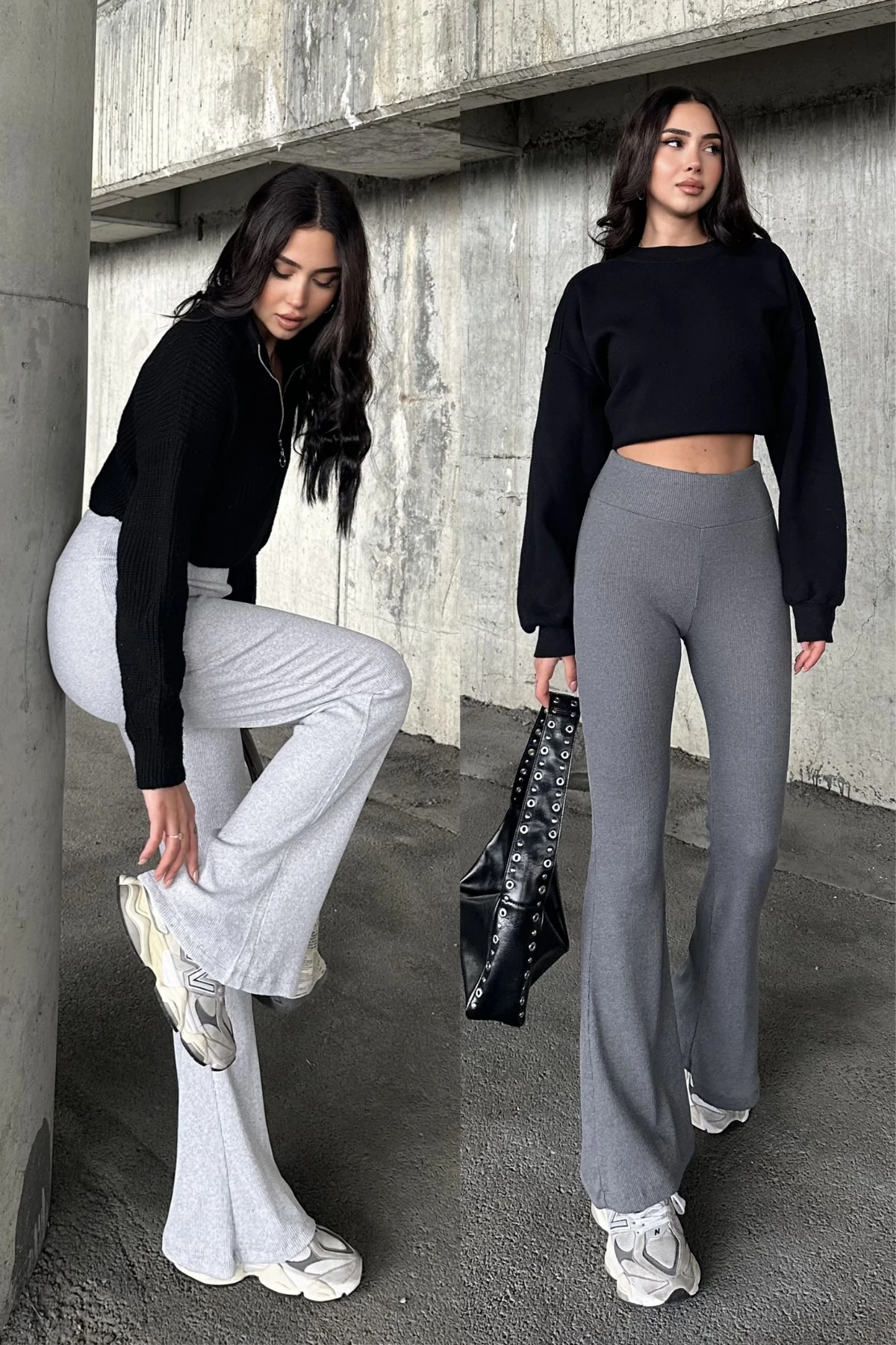 İSPANYOL PAÇA YÜKSEK BEL KAŞKORSE PANTOLON - füme - açik gri