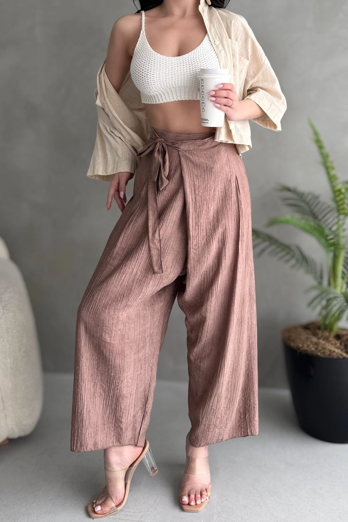 BELDEN BAĞLAMA DETAYLI ŞALVAR TİPİ KETEN PANTOLON - kahve