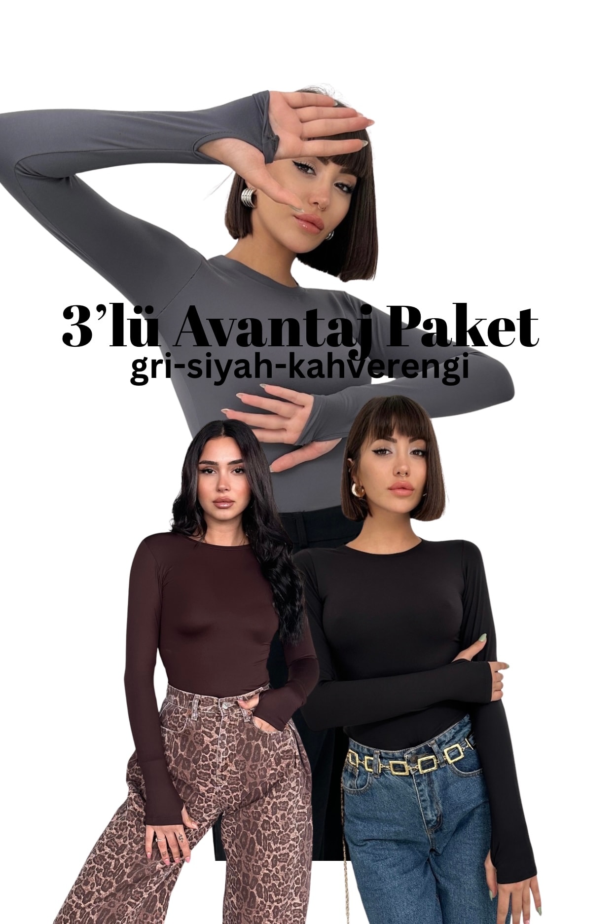 3' lü AVANTAJ PAKET OYSHO PARMAK GEÇİRMELİ UZUN KOL BLUZ