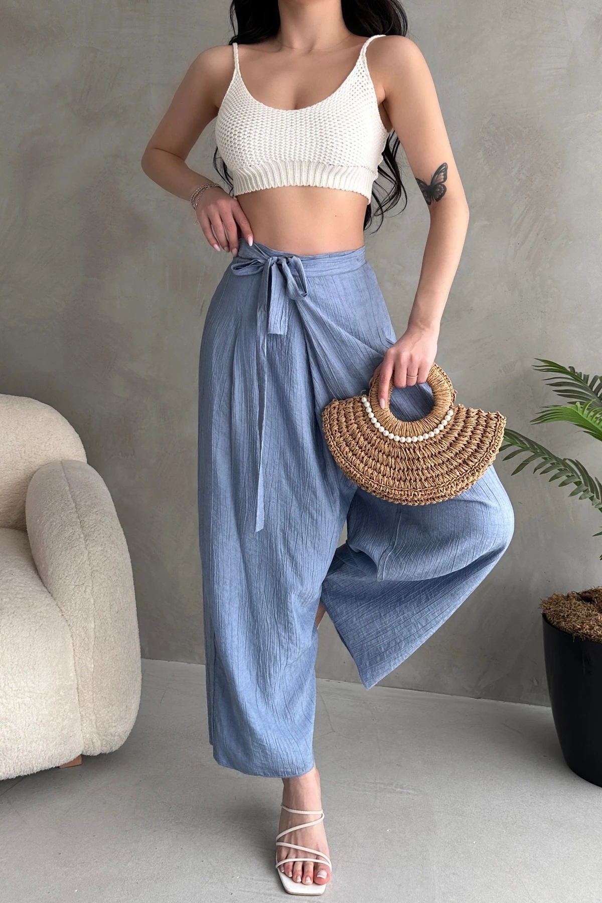 BELDEN BAĞLAMA DETAYLI ŞALVAR TİPİ KETEN PANTOLON