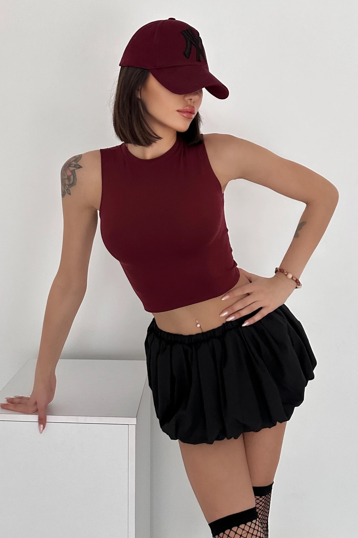 MODAL KUMAŞ BİSİKLET YAKA KOLSUZ BODY - bordo