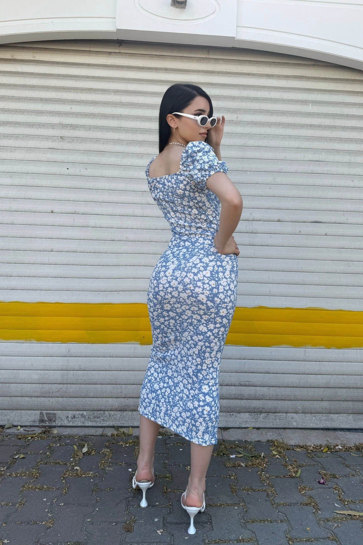 KARPUZ KOL BÜYÜK ÇİÇEK DESENLİ YIRTMAÇLI ELBİSE