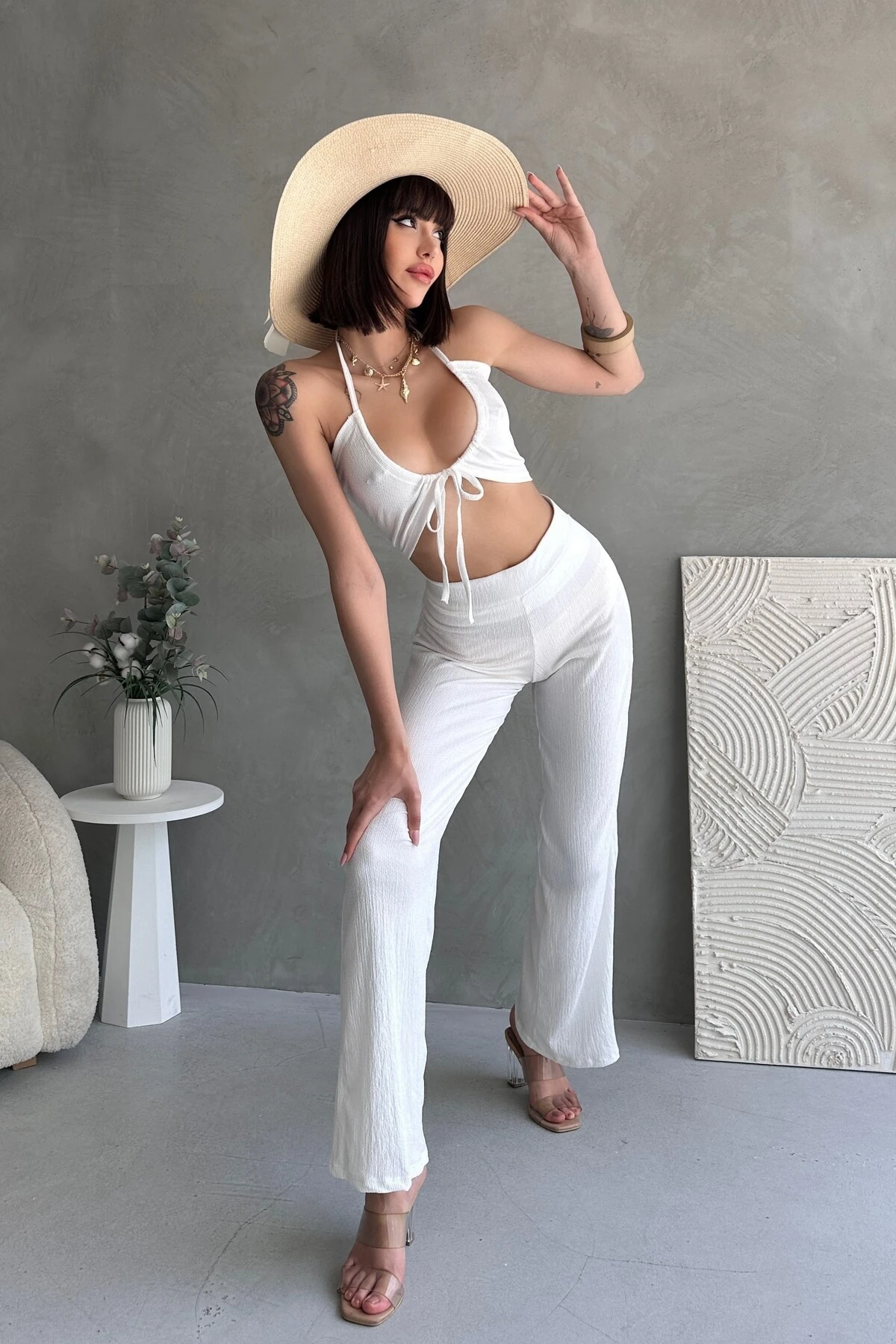 YUMEKO DEKOLTELİ CROP, YÜKSEK BEL BÜRÜMCÜK PANTOLON TAKIM