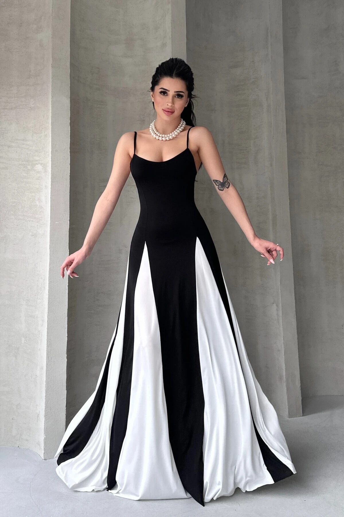 İP ASKILI PARÇALI DESEN SANDY ELBİSE - GRİ/SİYAH