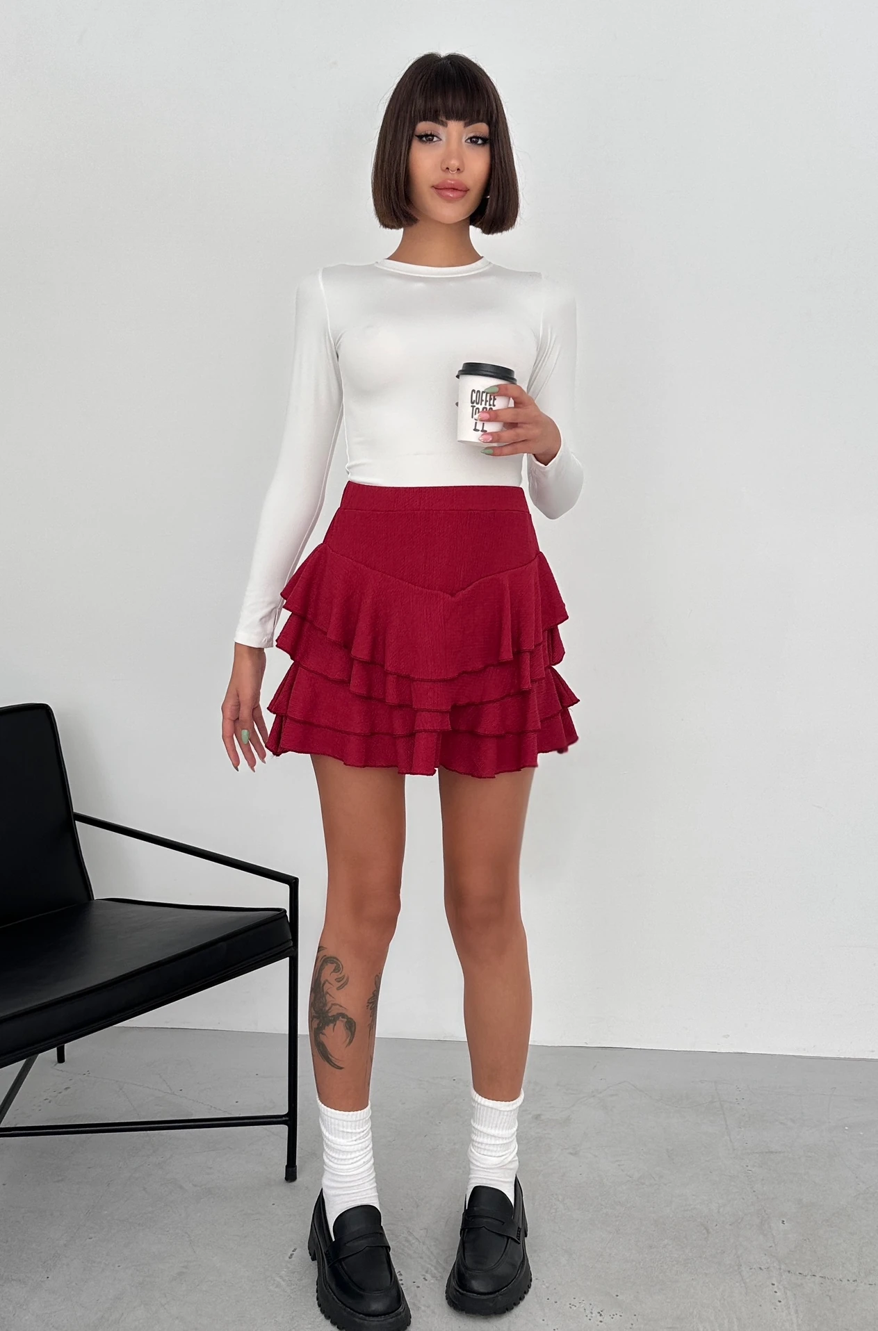 YÜKSEK BEL 4 KATLI BÜRÜMCÜK KLOŞ MİNİ ETEK - bordo