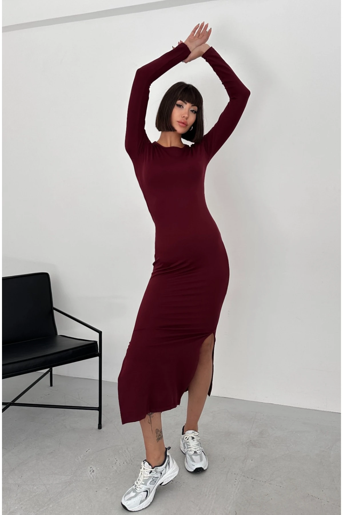 CİNDY YIRTMAÇLI UZUN ELBİSE - bordo