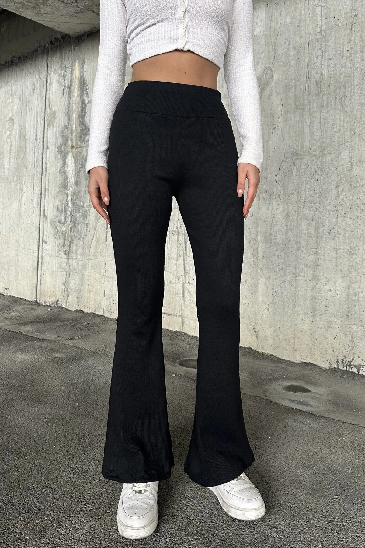 İSPANYOL PAÇA YÜKSEK BEL KAŞKORSE PANTOLON - siyah