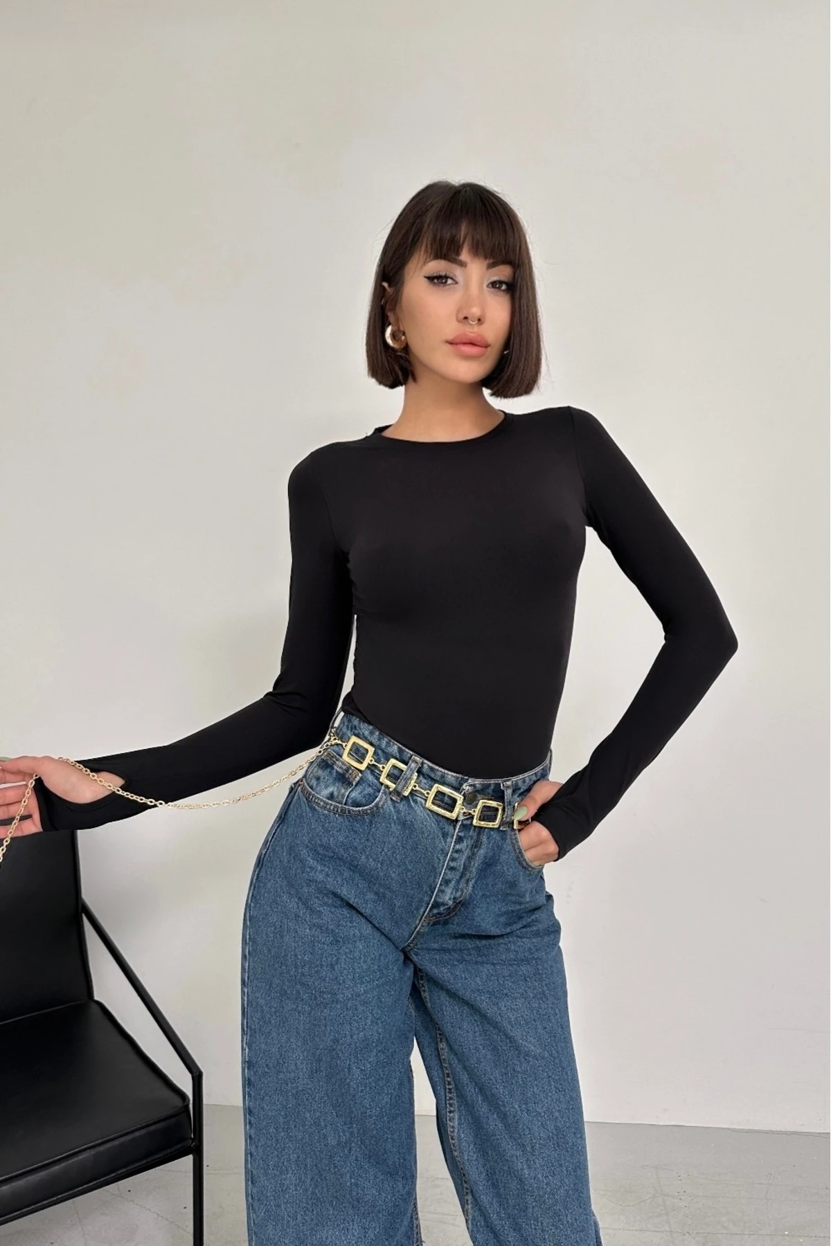 Modal Kumaş Parmak Geçirmeli Uzun Kol Body - black