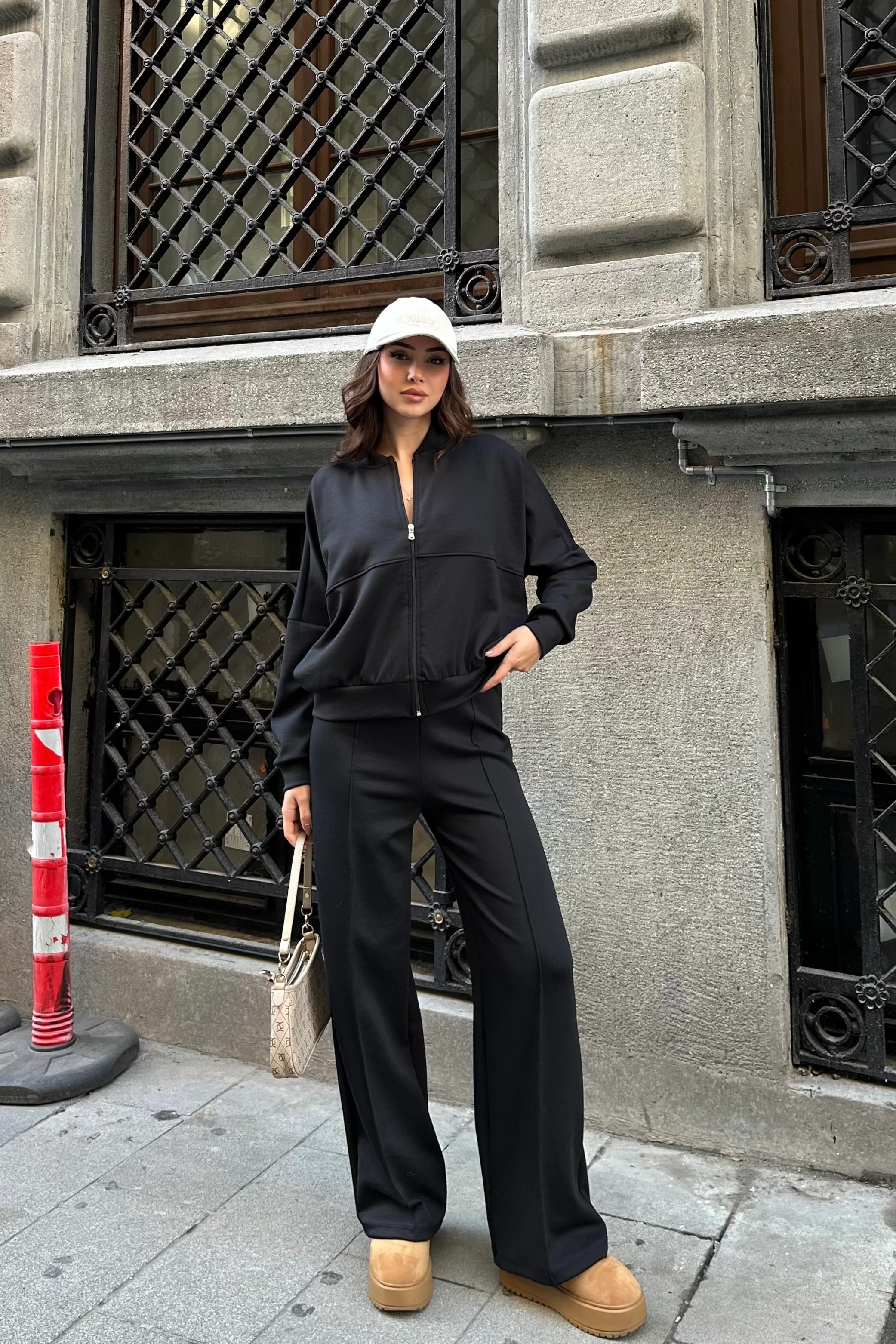 Modal Kumaş Fermuarlı Hırka, Beli Lastikli Pantolon Takım - si̇yah