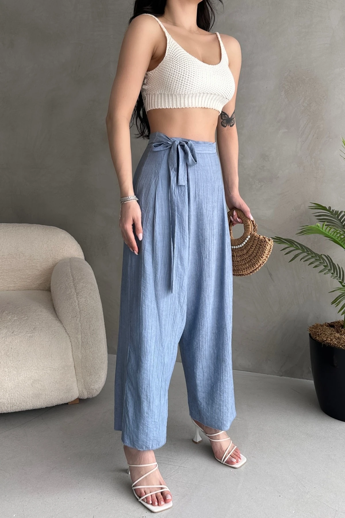 BELDEN BAĞLAMA DETAYLI ŞALVAR TİPİ KETEN PANTOLON