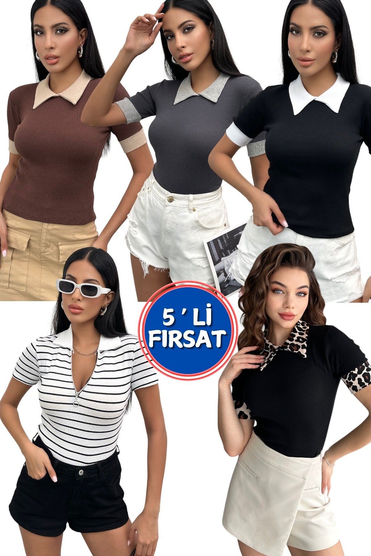 5 'li FIRSAT PAKETİ Kadın Polo Yaka Fitilli Örme Bluz - 5 ' li paket - karişik renkler